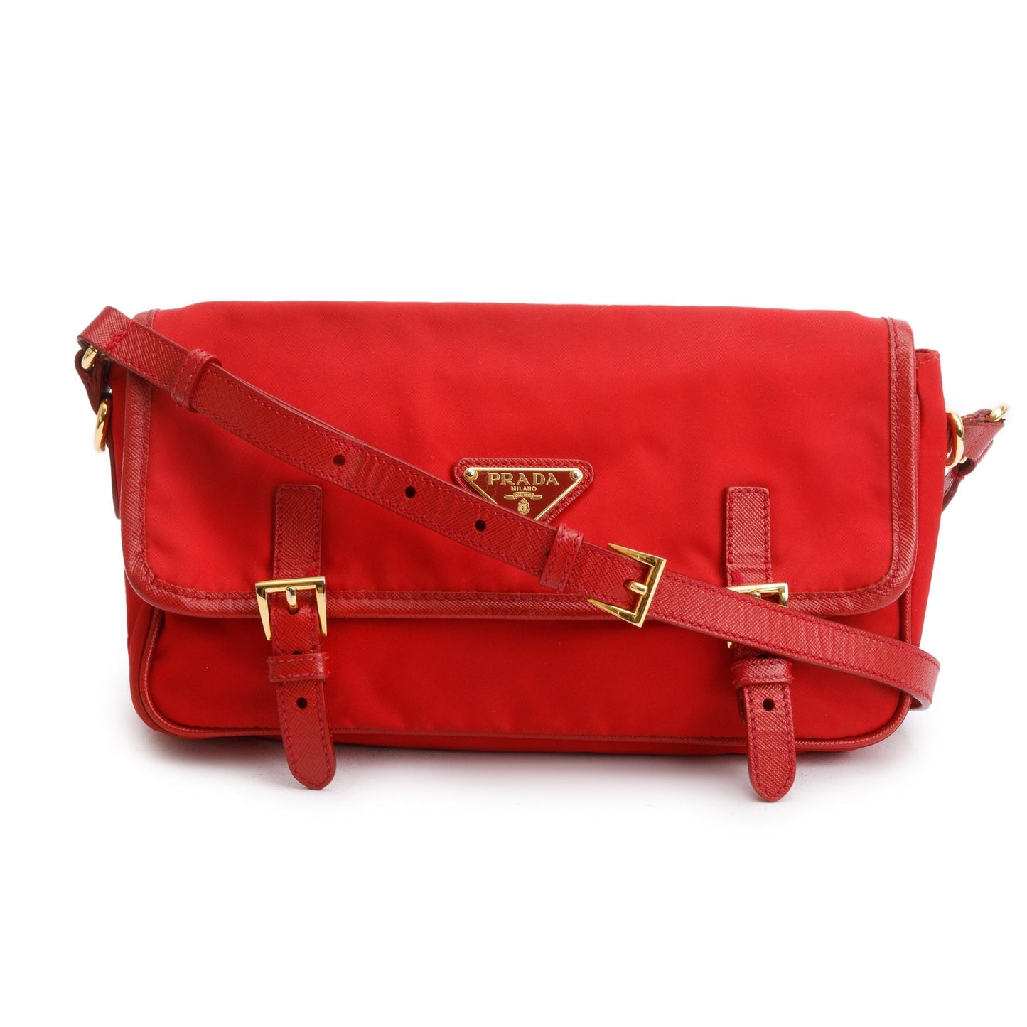 Prada Saffiano Trimmed Tessuto Double Buckle Crossbody Bag Nylon Red