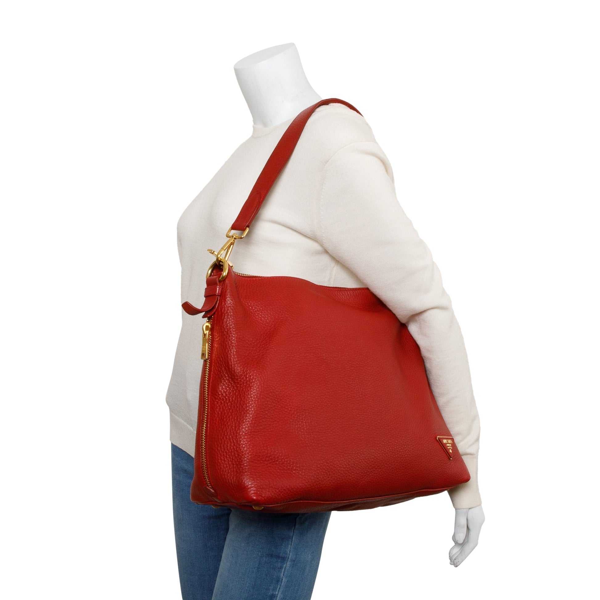 Prada Vitello Daino Side Zip Hobo Handbag Leather Red Travel Bag
