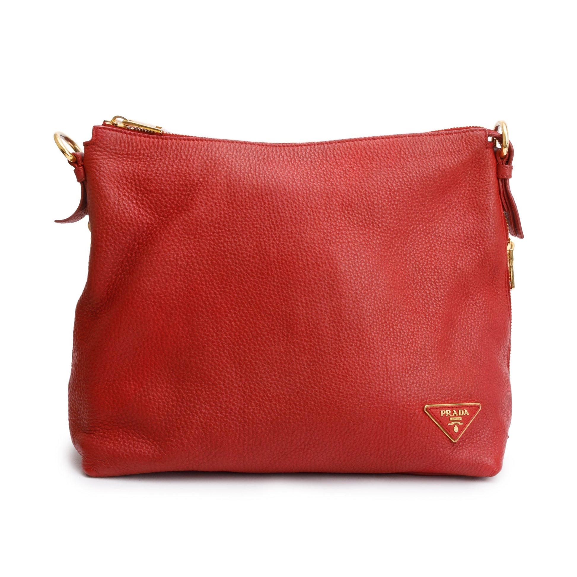 Prada Vitello Daino Side Zip Hobo Handbag Leather Red Travel Bag