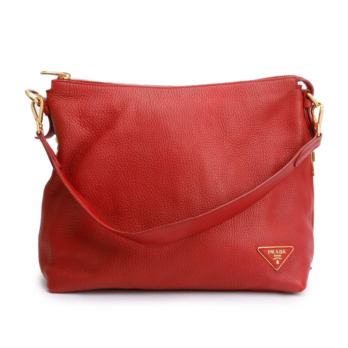 Prada Vitello Daino Side Zip Hobo Handbag Leather Red Travel Bag