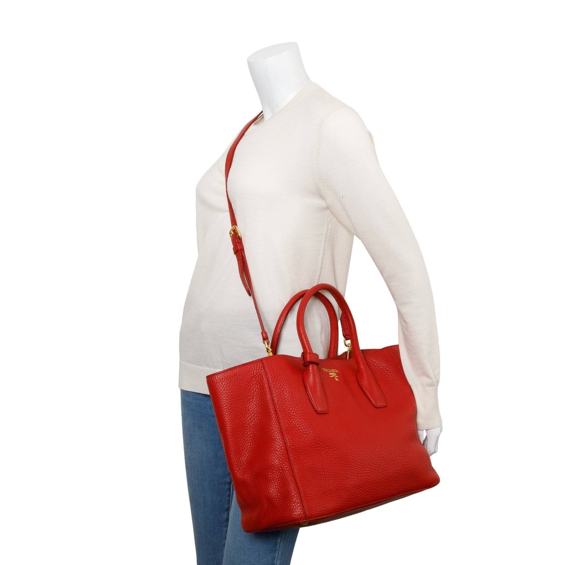 Prada Vitello Daino Tote Handbag Leather Red Tote Bag