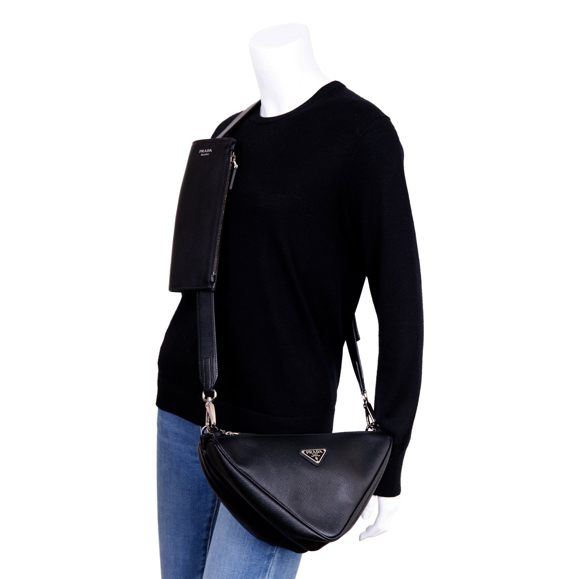 Prada Saffiano City Calf Triangle Double Messenger Bag Travel Bag