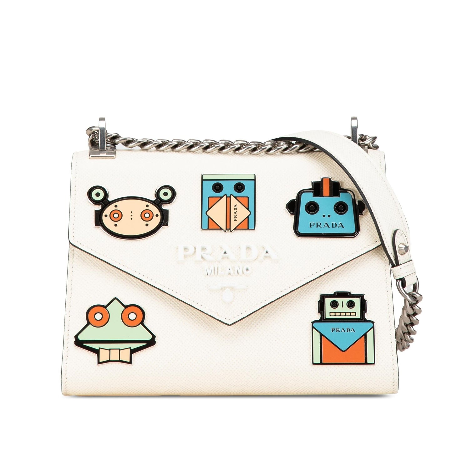Prada Cuir Monochrome Robot Patches Envelope Crossbody Bag Saffiano Chain Flap