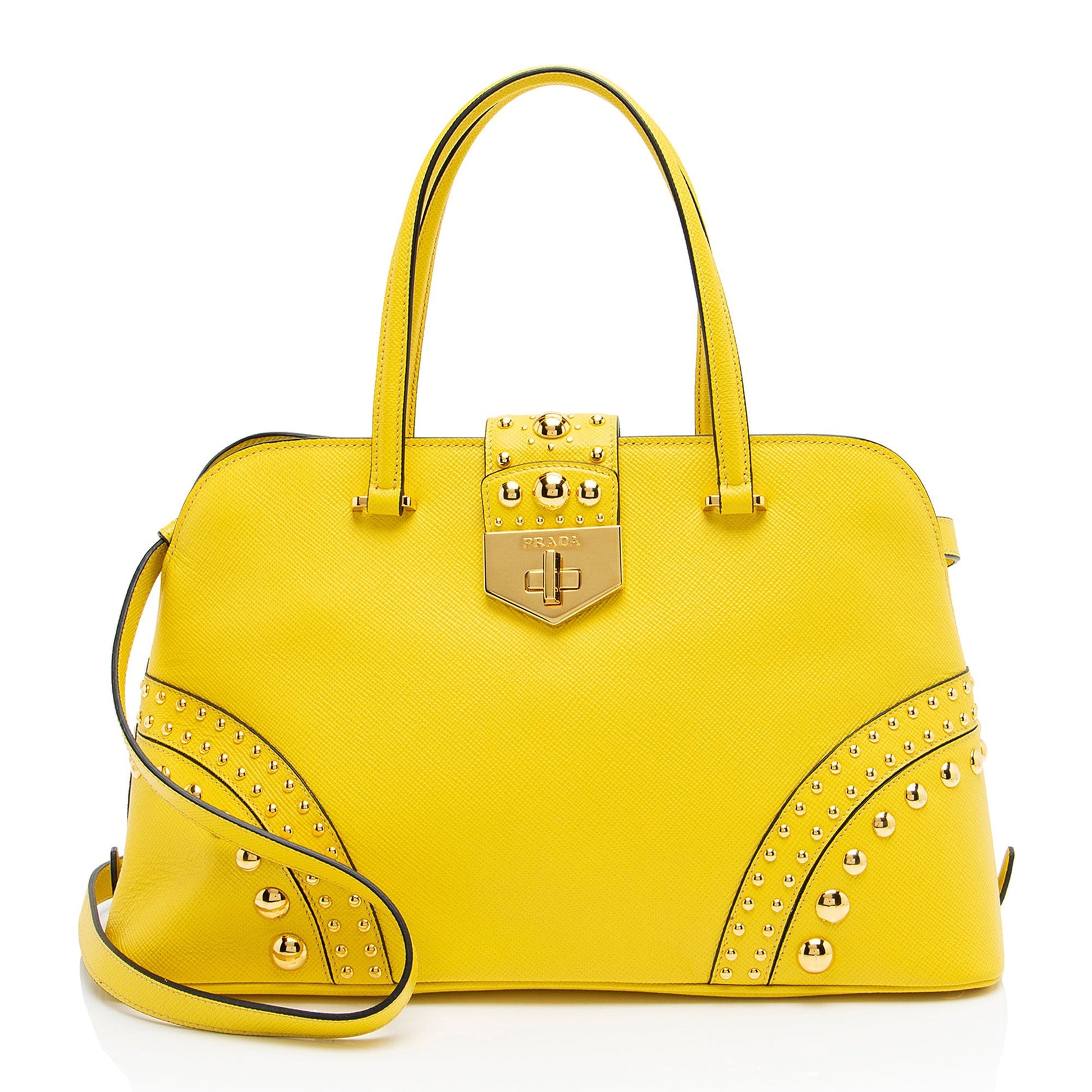 Prada Studded Turnlock Dome Satchel Saffiano Satchel Bag