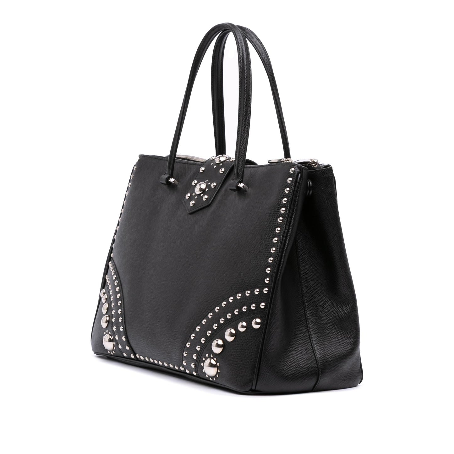Prada Turnlock Double Studded Tote Saffiano Zip Tote Bag