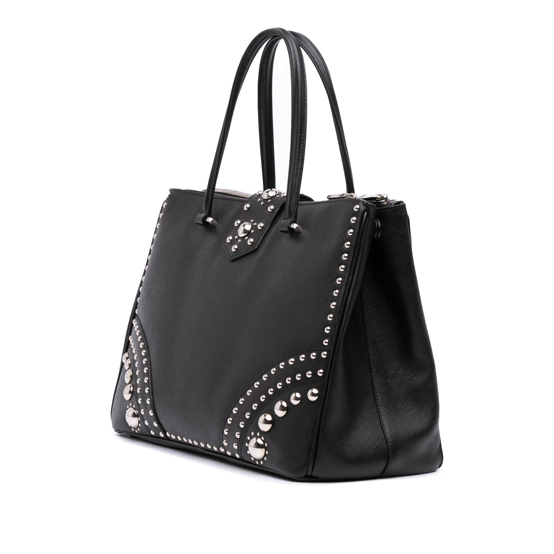 Prada Turnlock Double Studded Tote Saffiano Zip Tote Bag