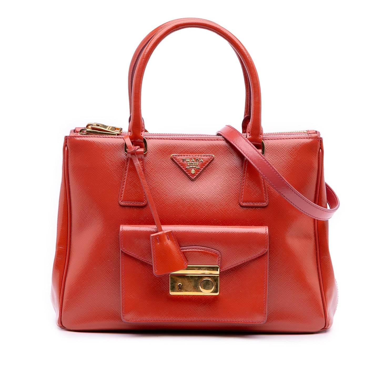 Prada Vernice Front Pocket Galleria Double Satchel Saffiano Zip Satchel Bag