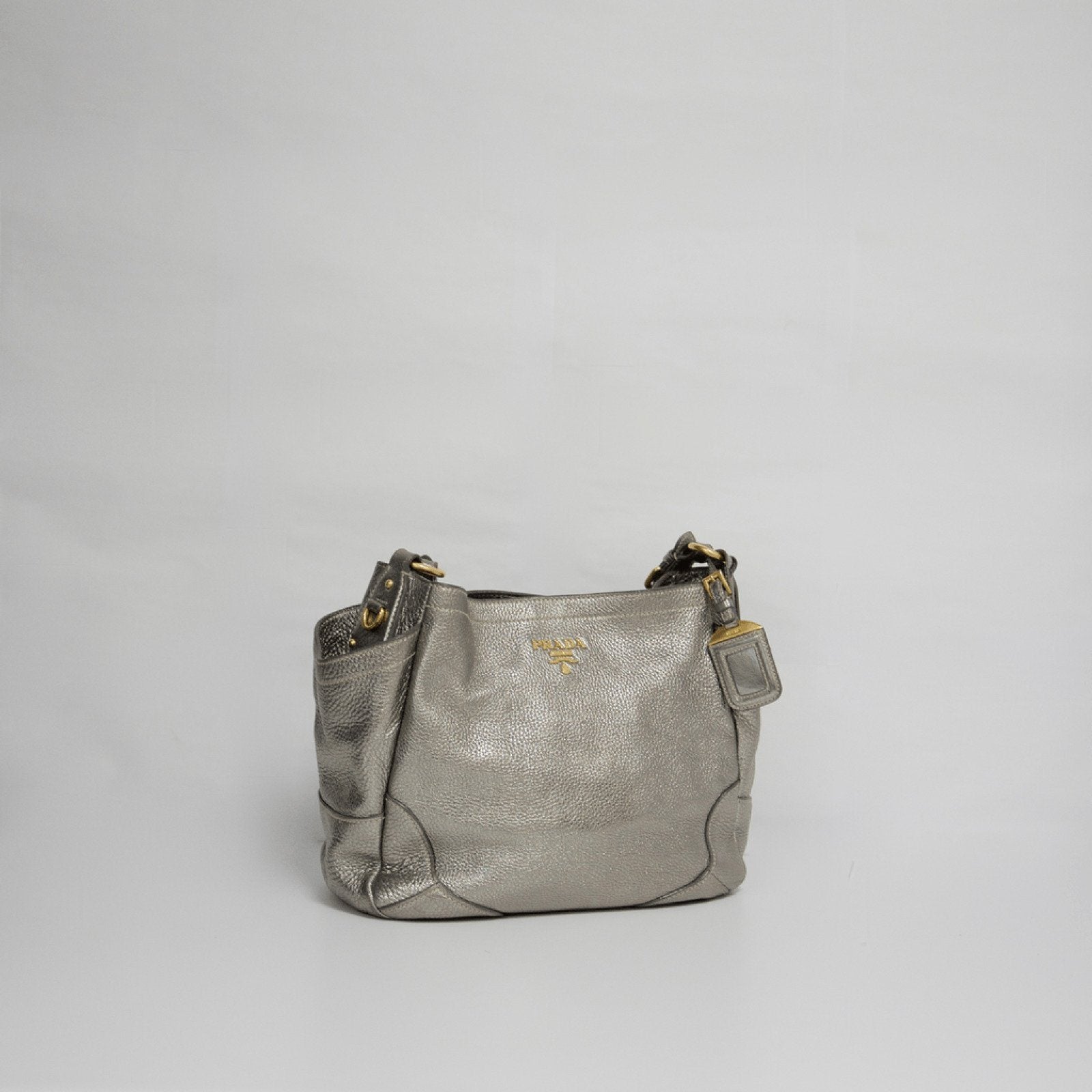 Prada Metallic Peltro Vitello Daino Pocket Tote Bag Silver