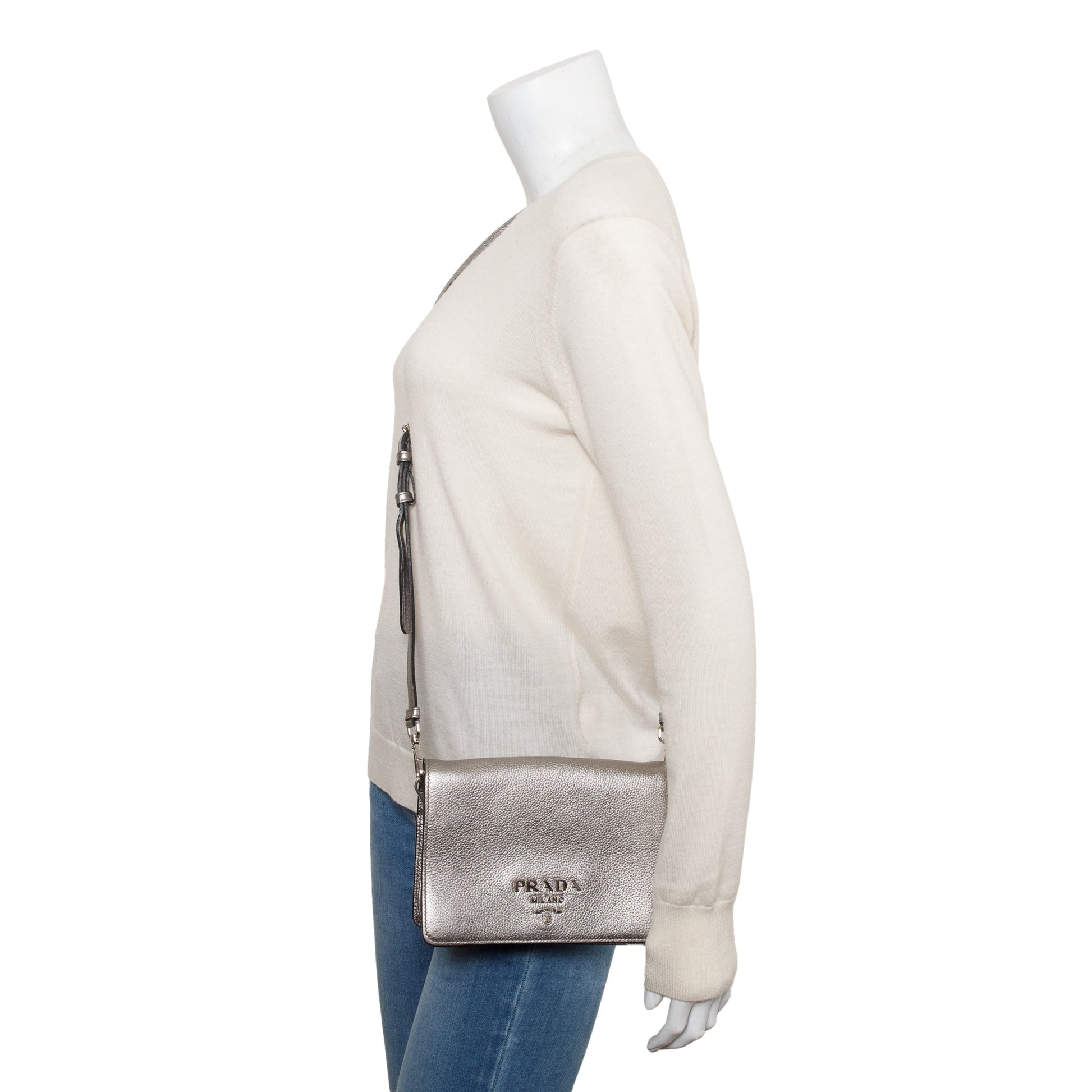 Prada Metallic Vitello Daino Metal Crossbody Bag Silver Logo