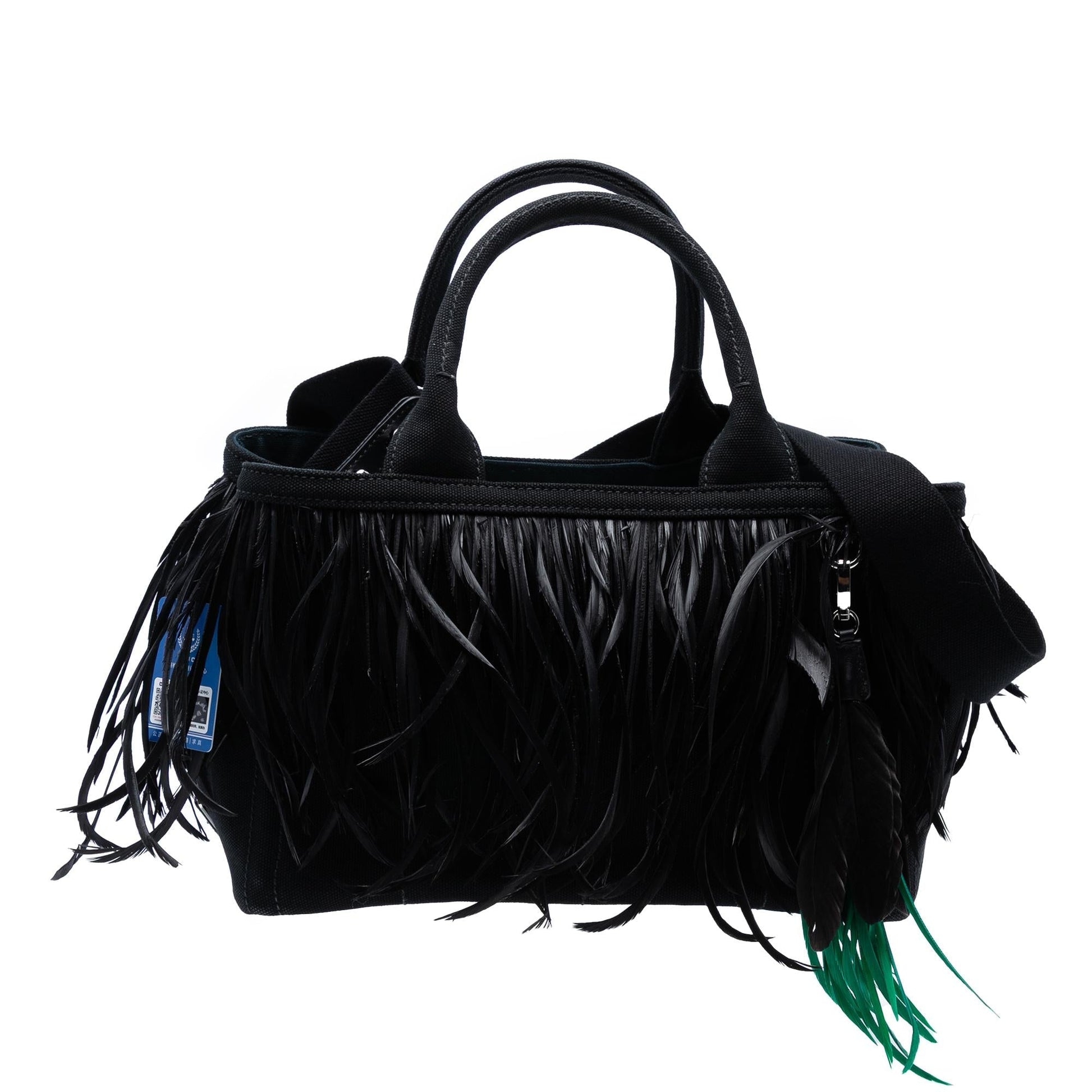 Prada Feather Trimmed Canapa Satchel Canvas Small Satchel Bag