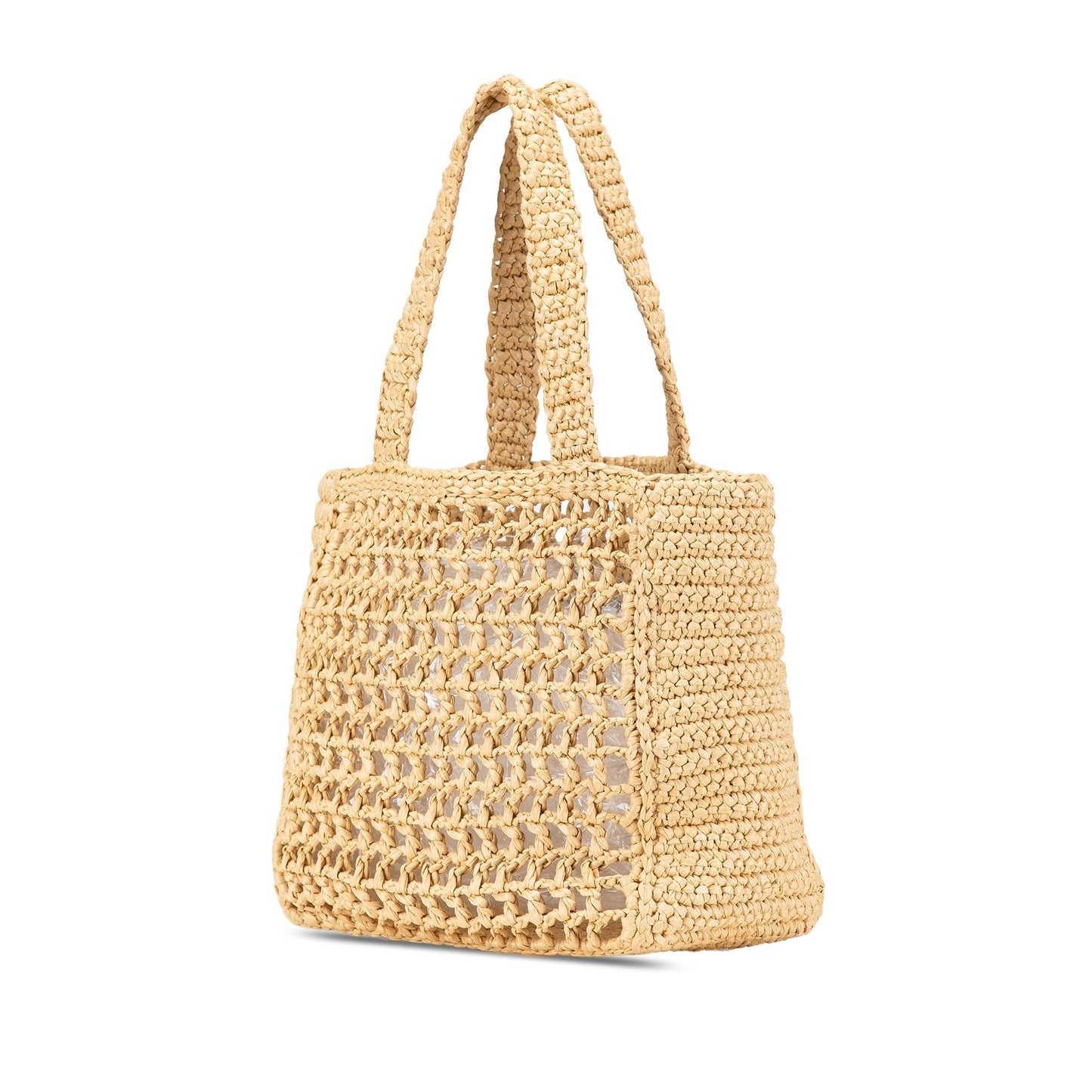 Prada Effect Crochet Tote Raffia Small Logo Tote Bag