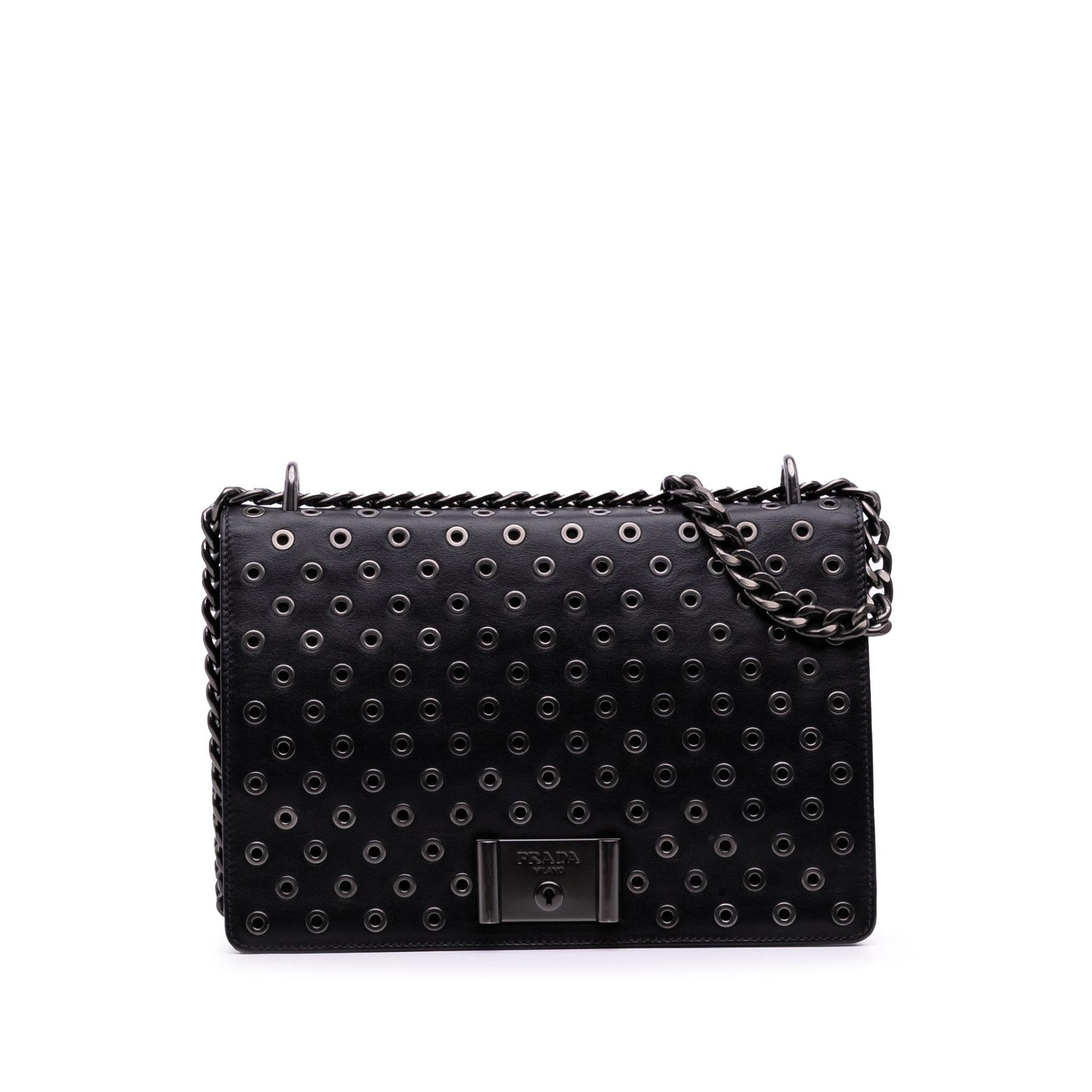 Prada Soft Calf Grommet Lock Crossbody Chain Flap Crossbody Bag