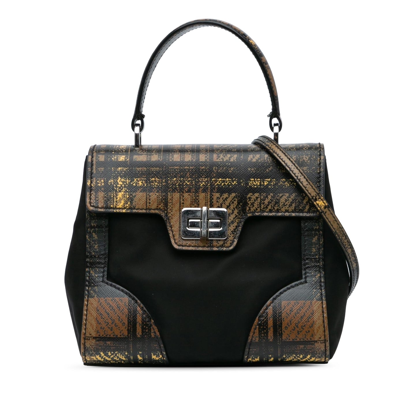 Prada Tartan Trimmed Tessuto Satchel Saffiano Satchel Bag