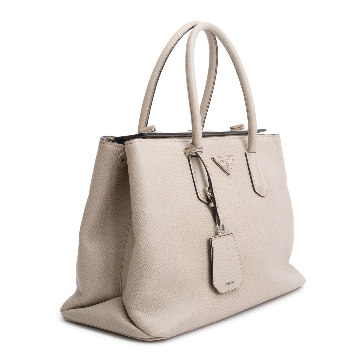 Prada Taupe Saffiano Cuir Turnlock Twin Tote Handbag Medium Tote Bag