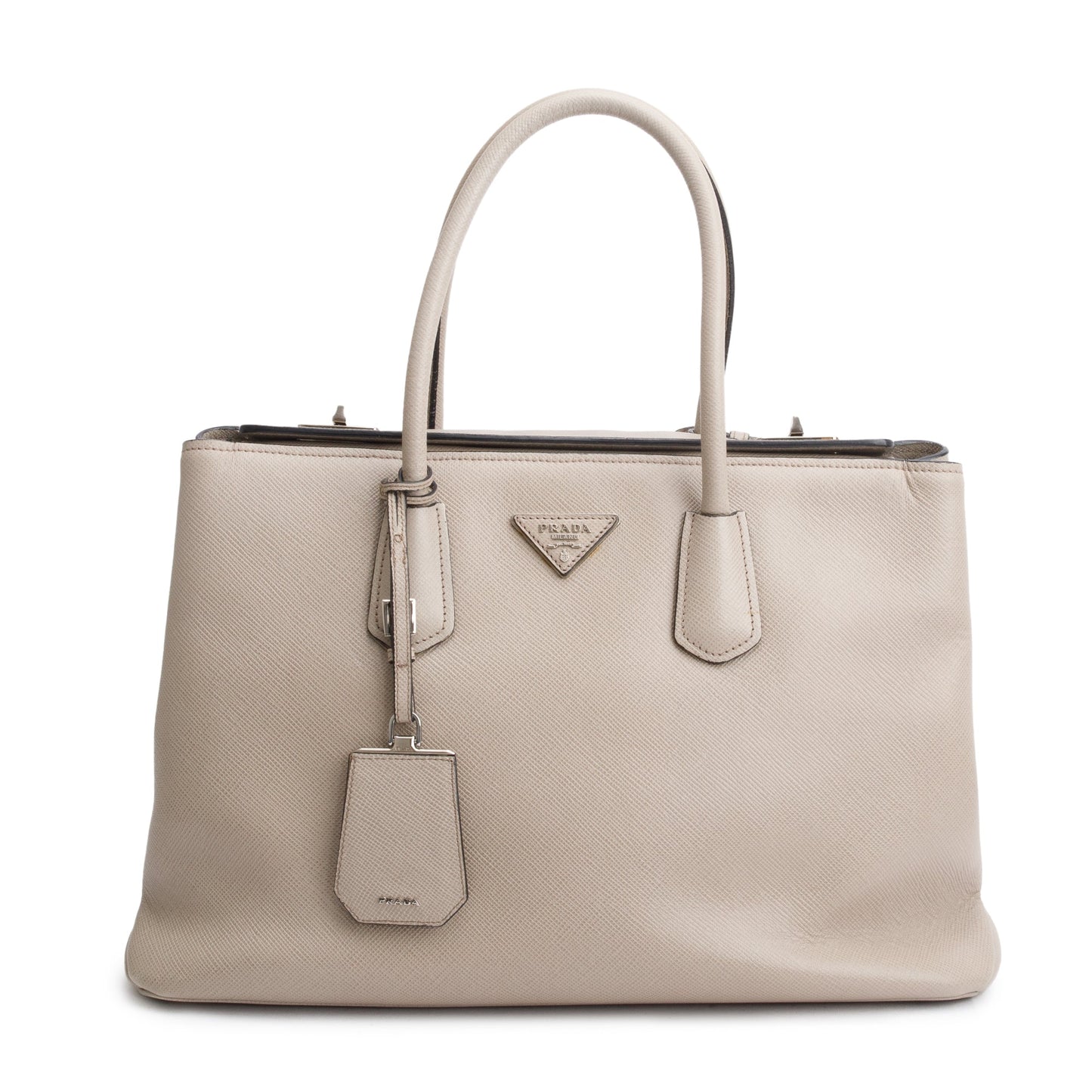 Prada Taupe Saffiano Cuir Turnlock Twin Tote Handbag Medium Tote Bag