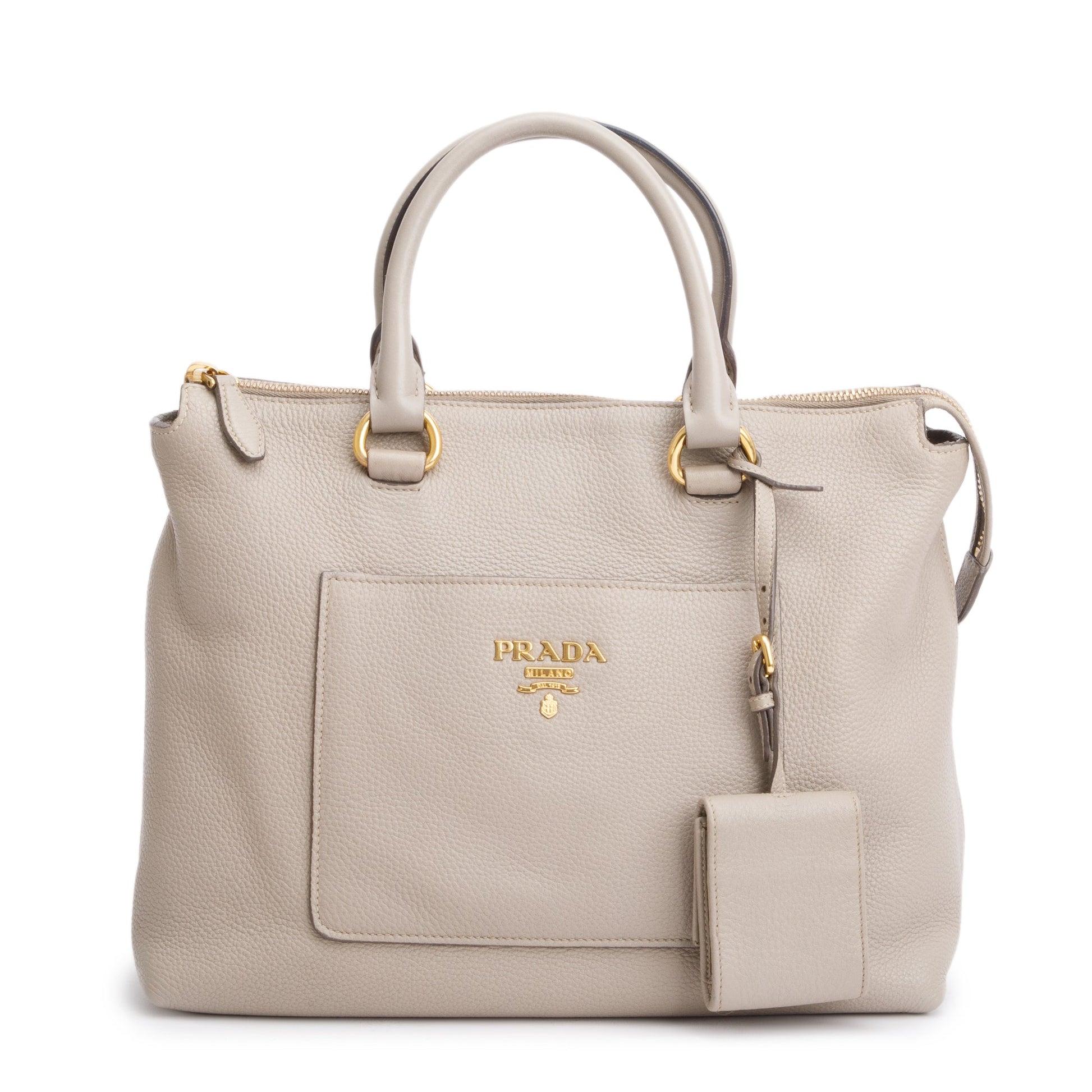Prada Taupe Vitello Daino Pocket Zip Tote Handbag Leather Tote Bag