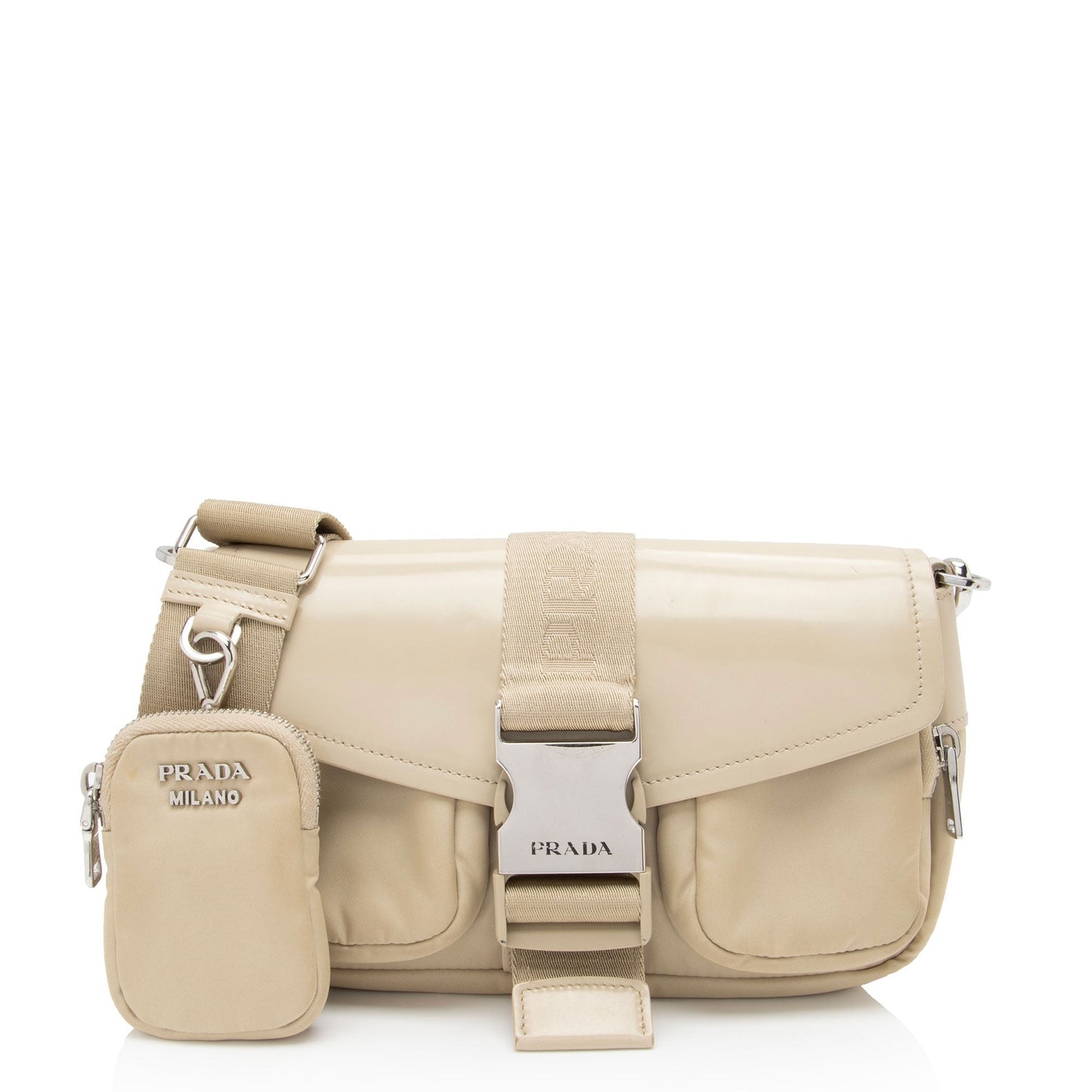 Prada Re Double Pocket Crossbody Shf Na1Ani Leather Patent Nylon Crossbody Bag
