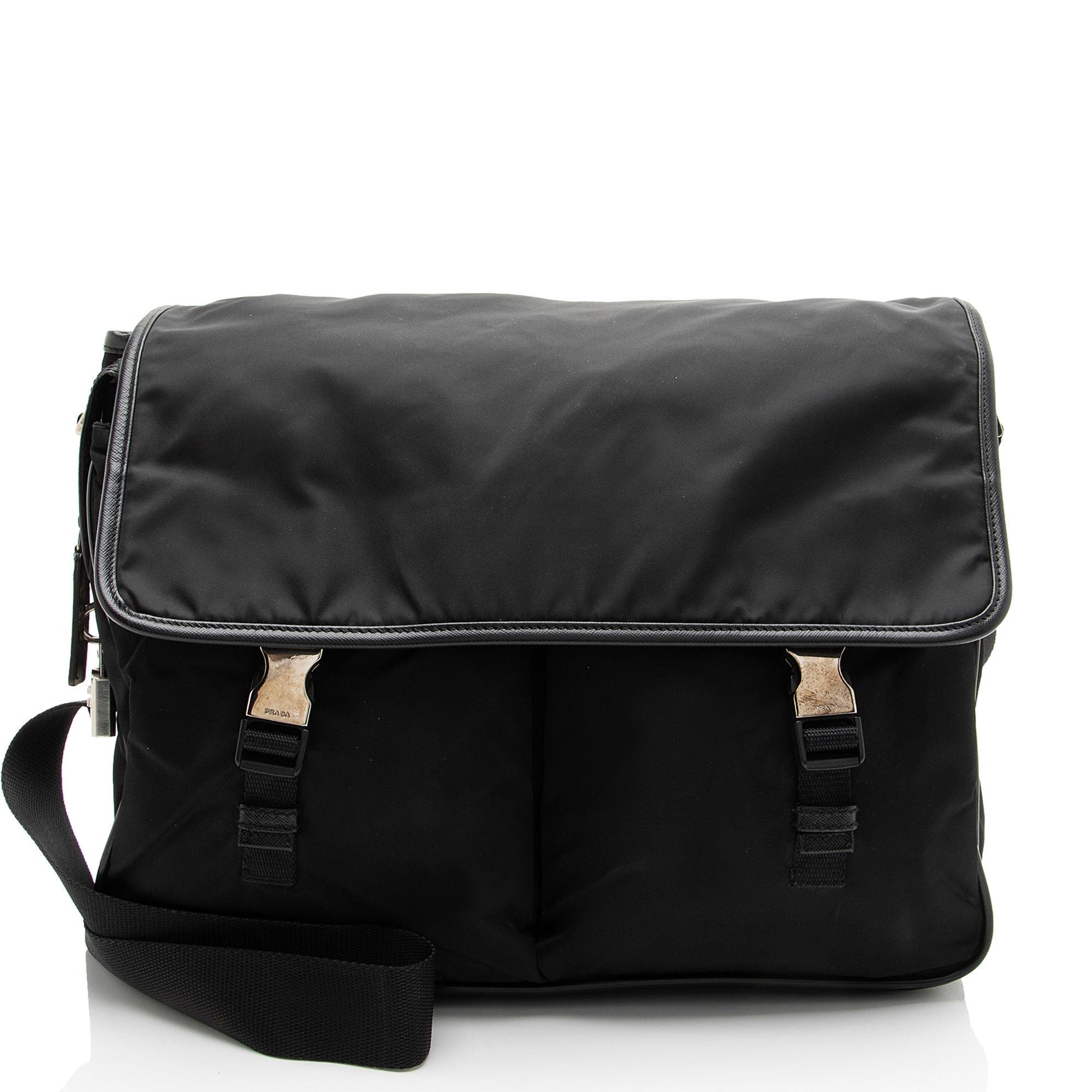 Prada Tessuto Double Buckle Messenger Leather Saffiano Shoulder Bag