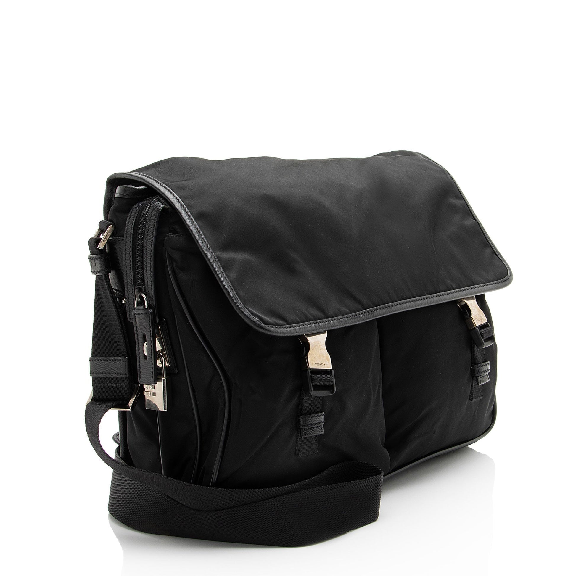 Prada Tessuto Double Buckle Messenger Leather Saffiano Shoulder Bag