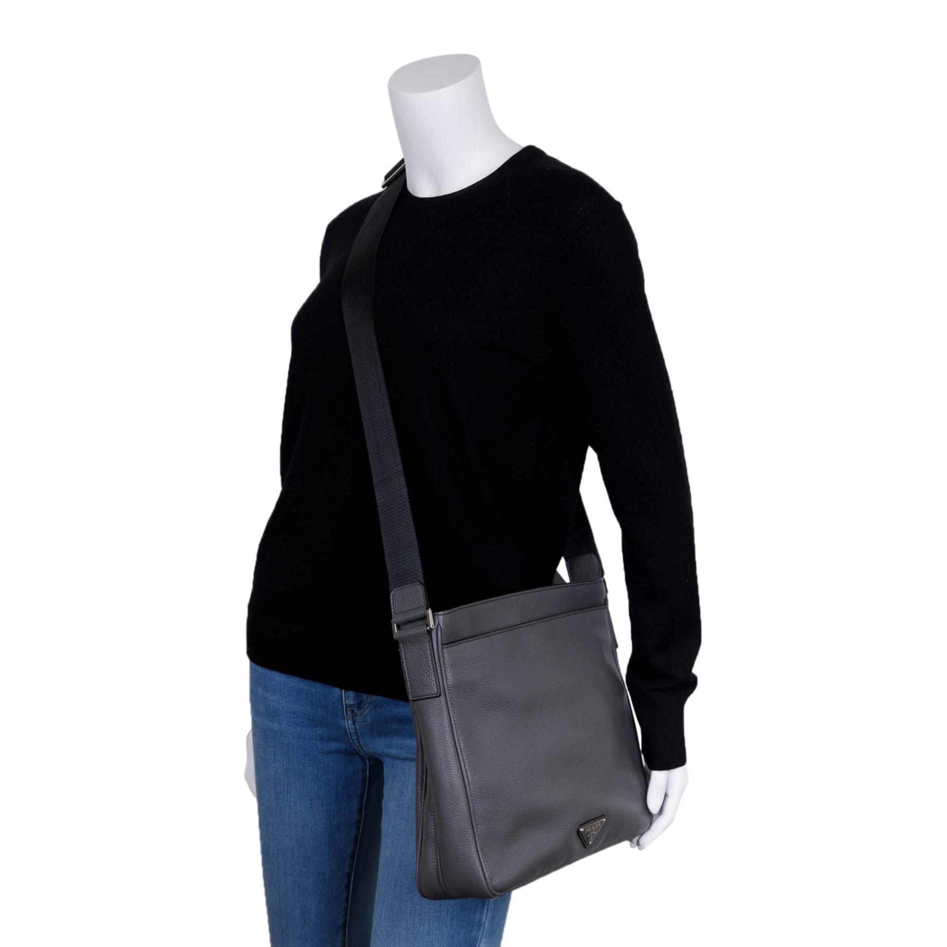 Prada Vitello Daino Front Pocket Zip Messenger Bag Travel Bag
