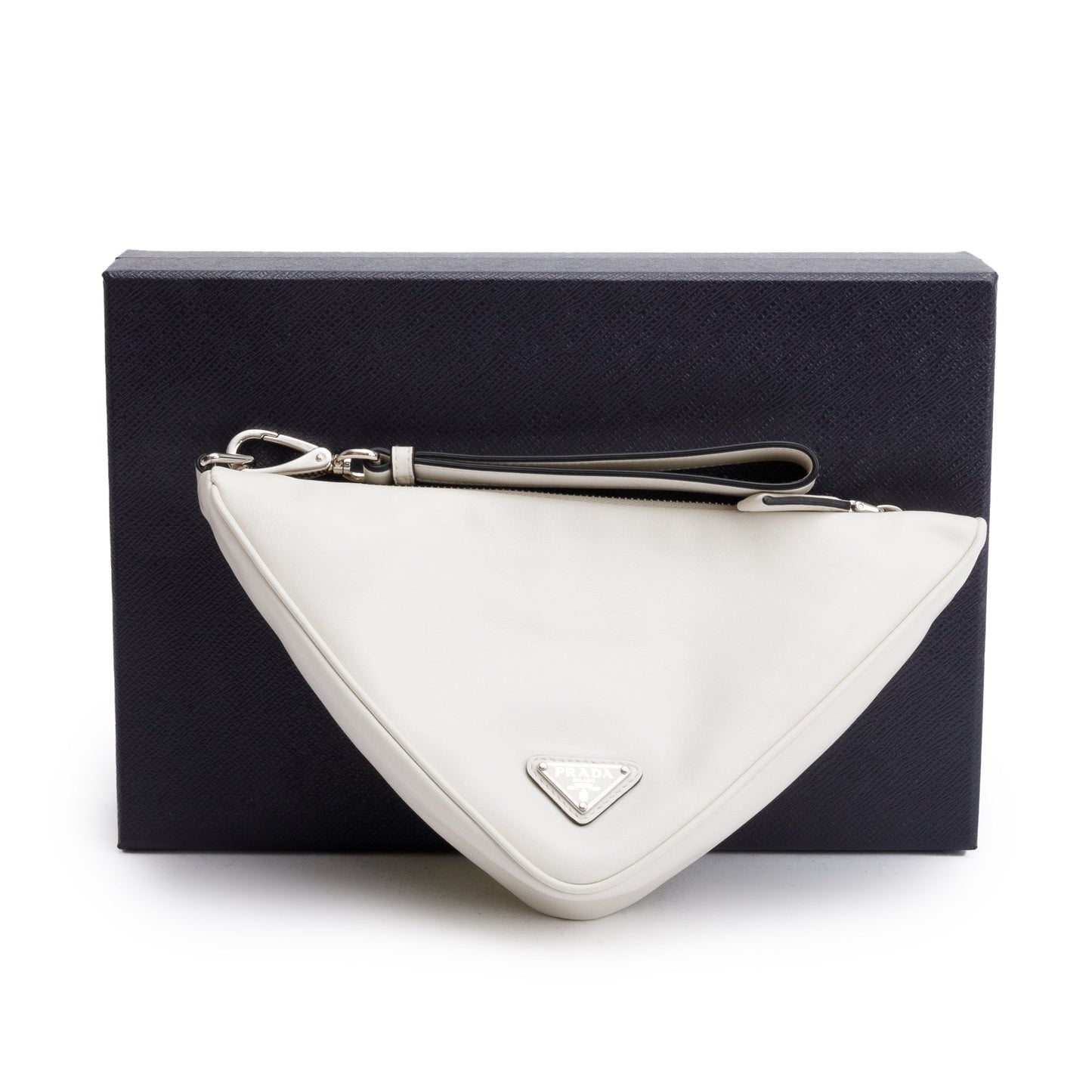 Prada Grace Lux Triangle Wristlet Clutch Handbag Leather White Clutch Bag