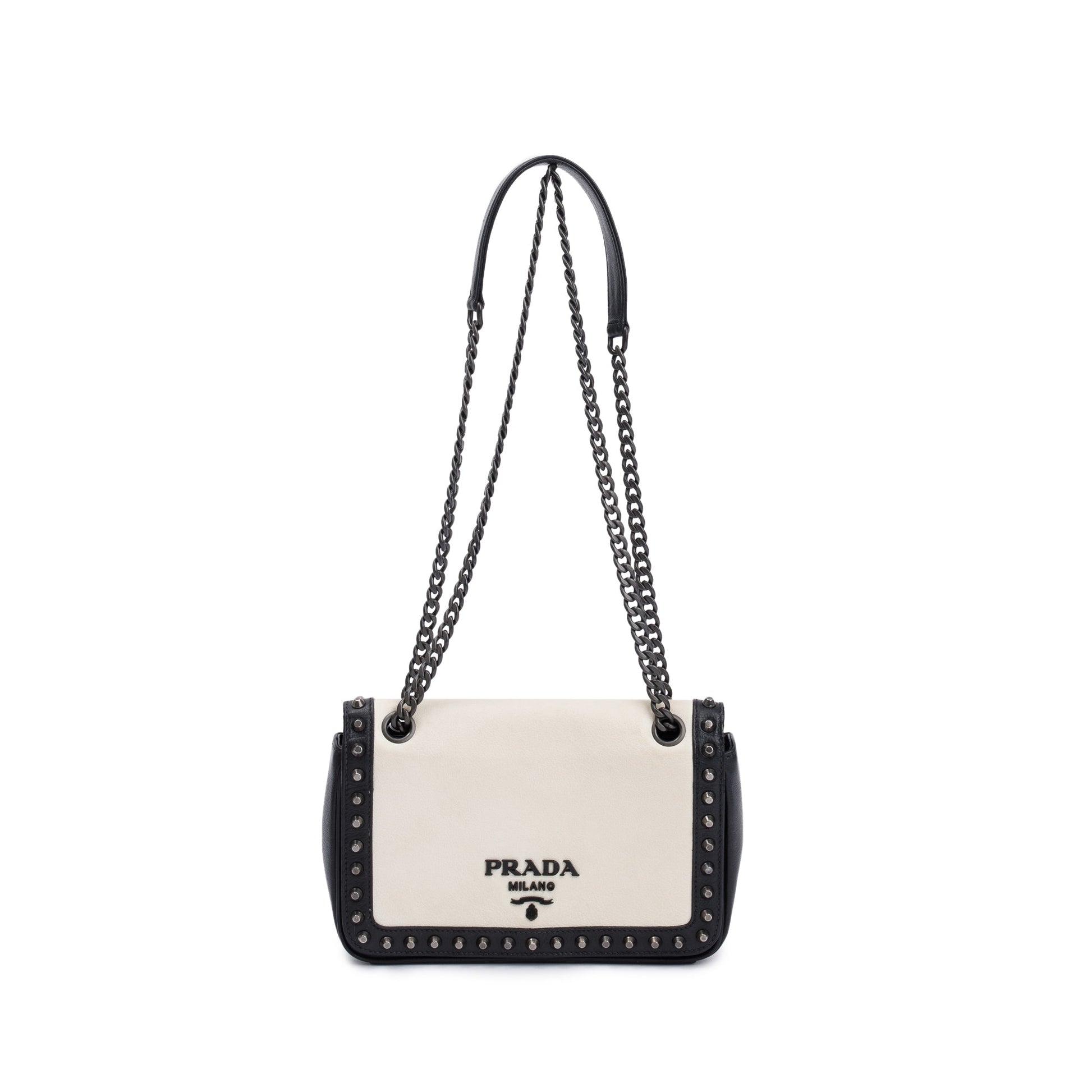 Prada Glace Studded Crossbody Bag Leather White