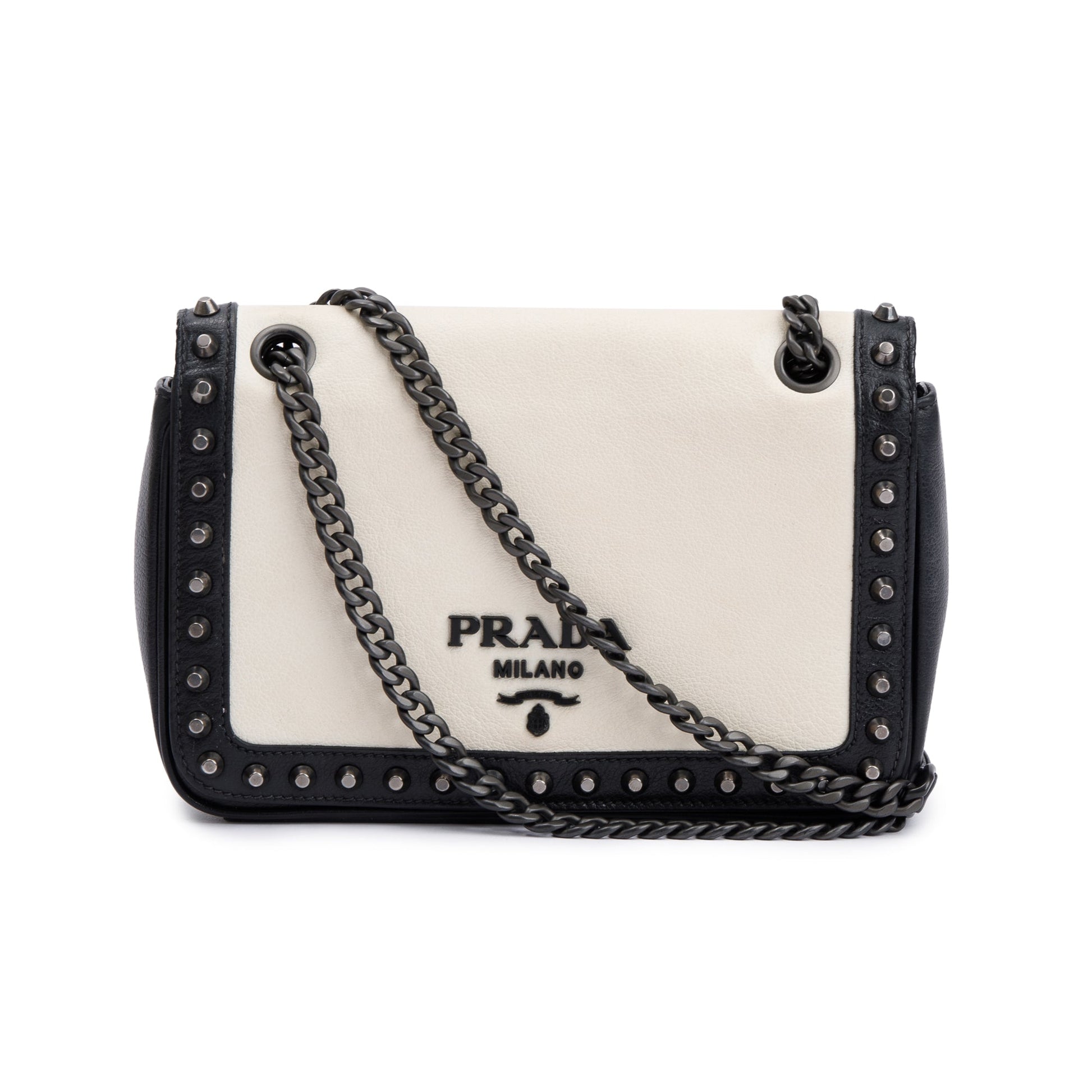 Prada Glace Studded Crossbody Bag Leather White