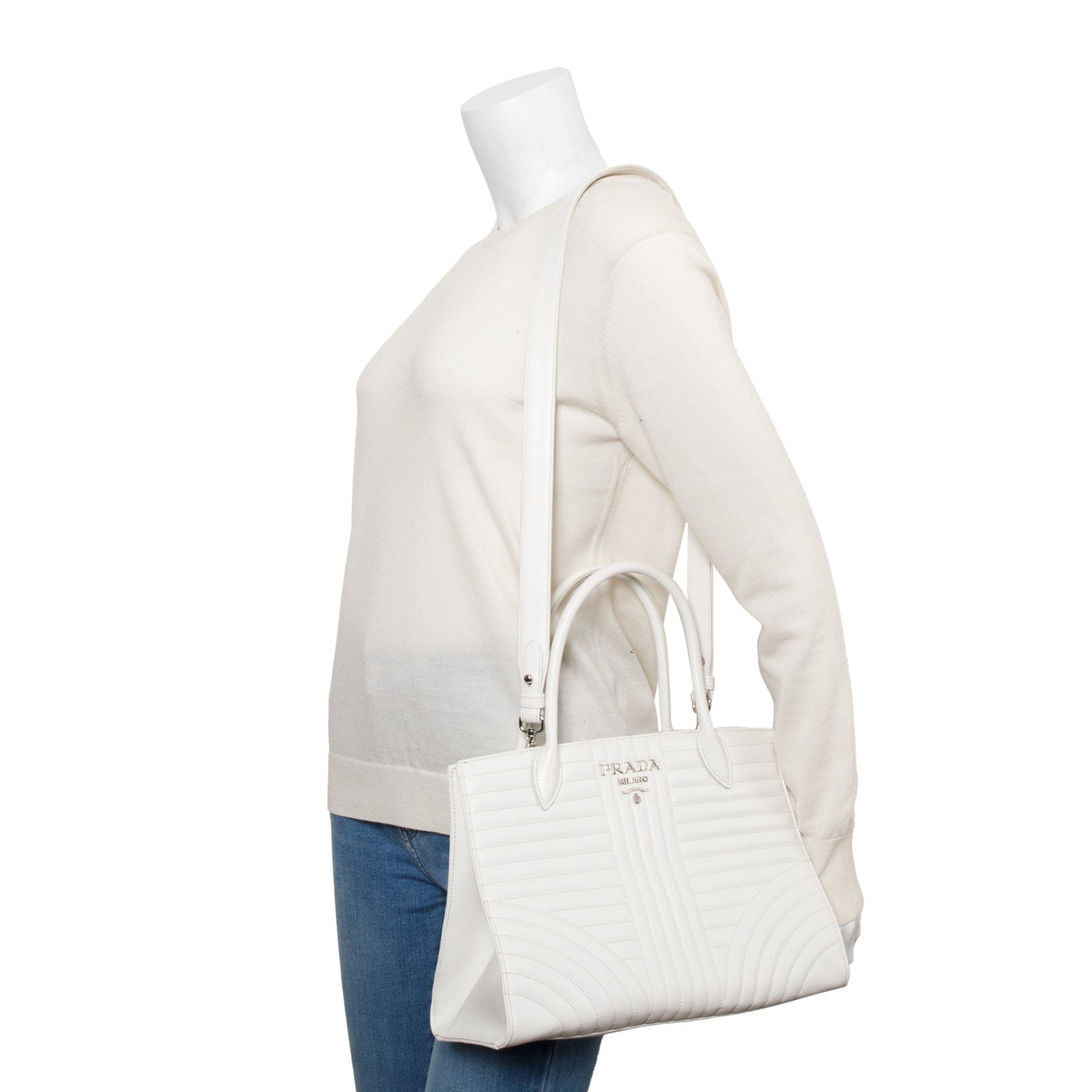 Prada Soft Calf Impunture Diagramme Tote Handbag White Tote Bag