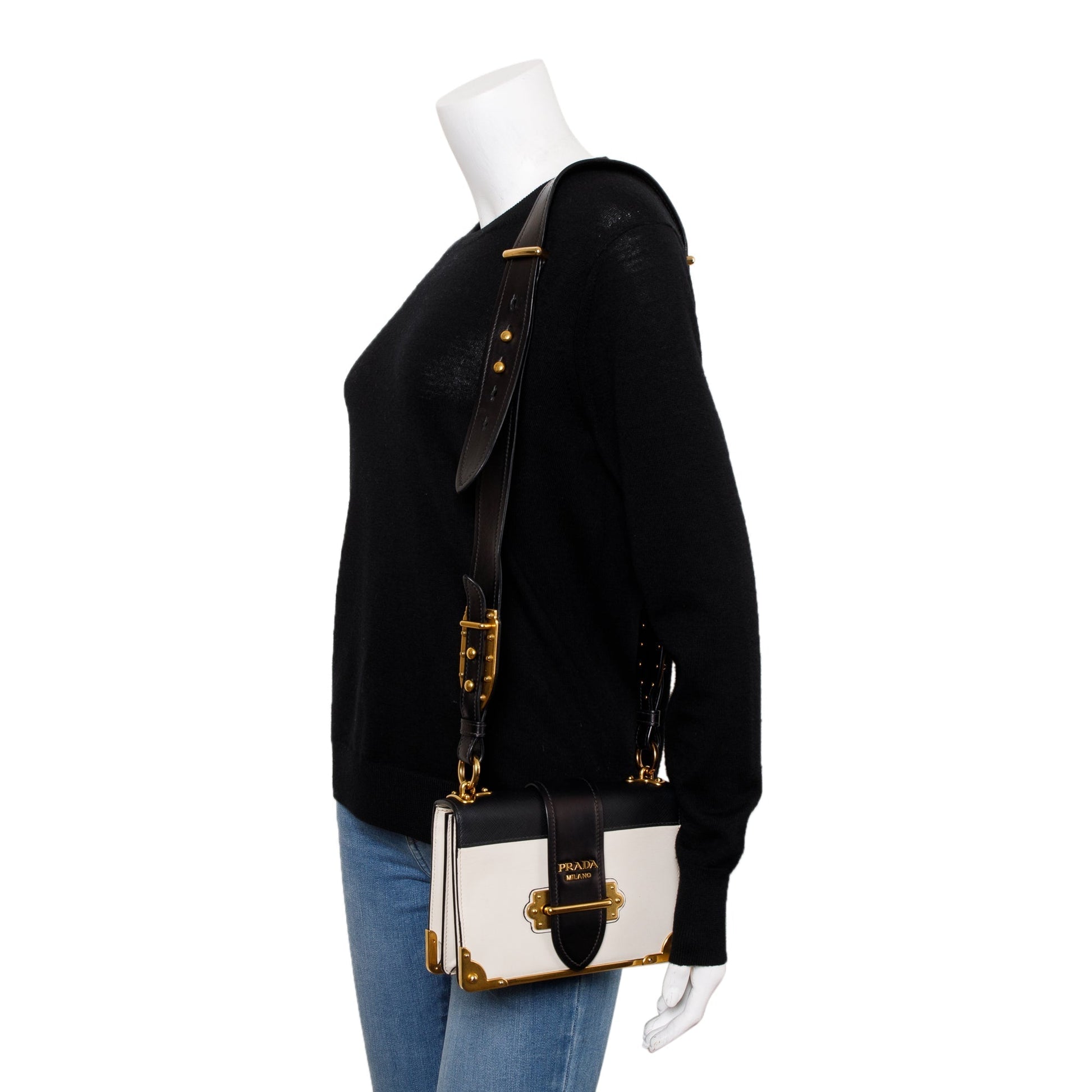 Prada City Calf Saffiano Cahier Bag Black White Travel Bag