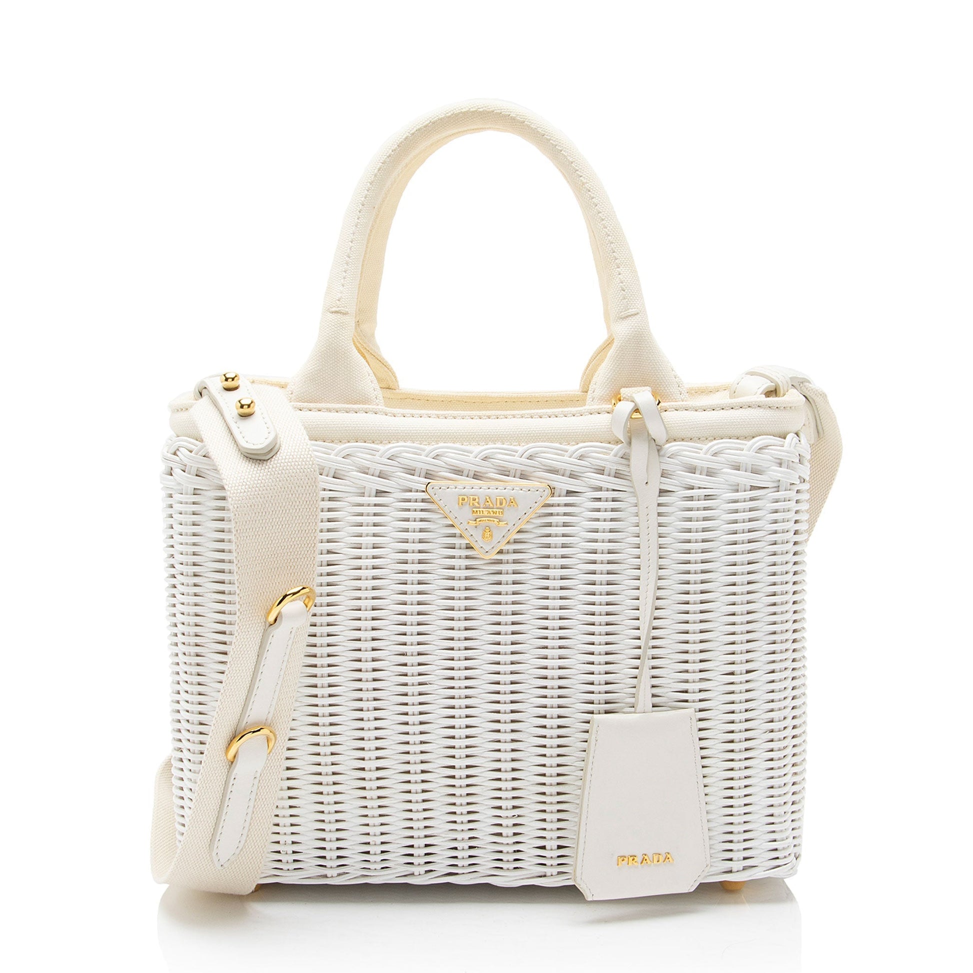 Prada Tote Canvas Wicker Small Tote Bag