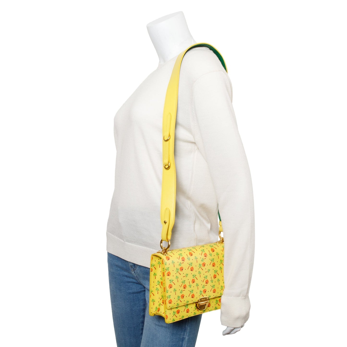 Prada Yellow Saffiano Stampata Palm Tree Print Crossbody Crossbody Bag