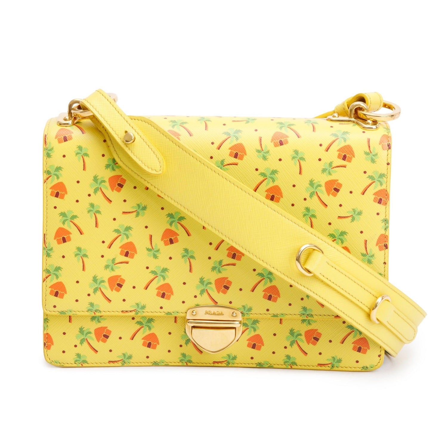 Prada Yellow Saffiano Stampata Palm Tree Print Crossbody Crossbody Bag