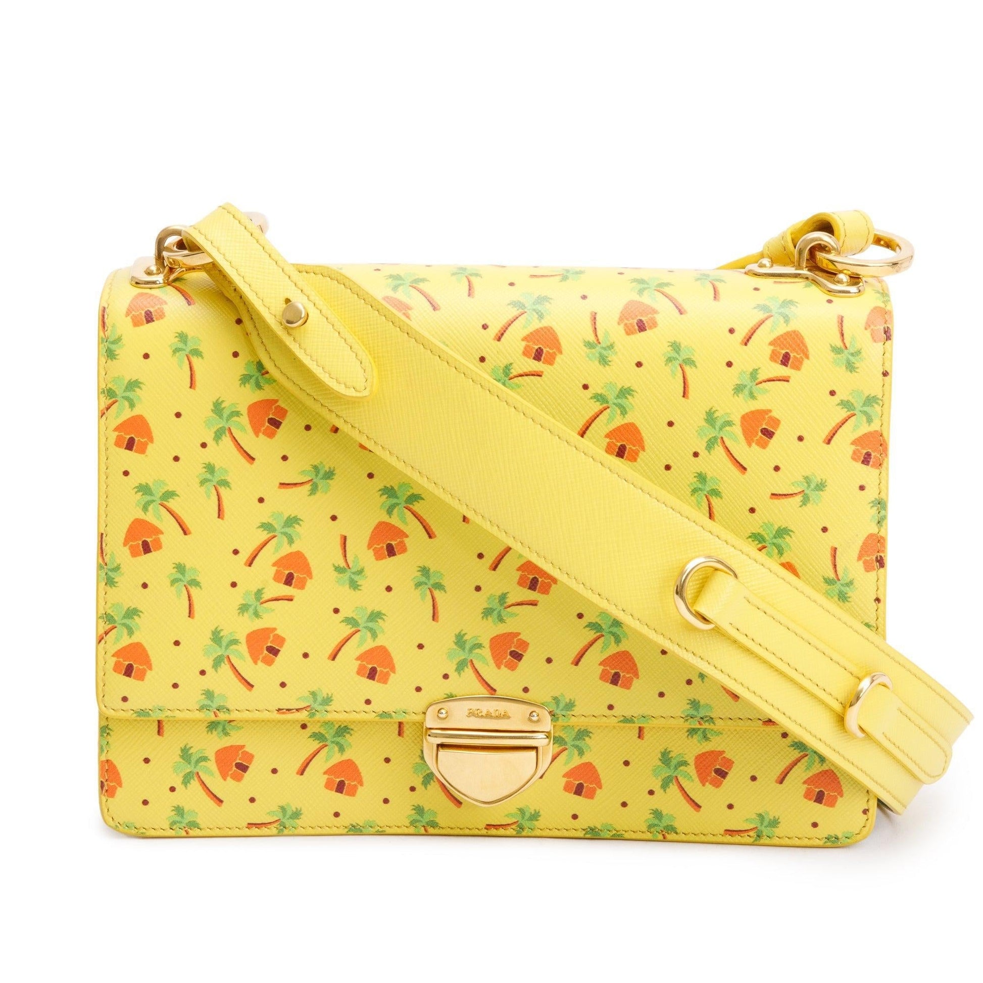 Prada Yellow Saffiano Stampata Palm Tree Print Crossbody Crossbody Bag