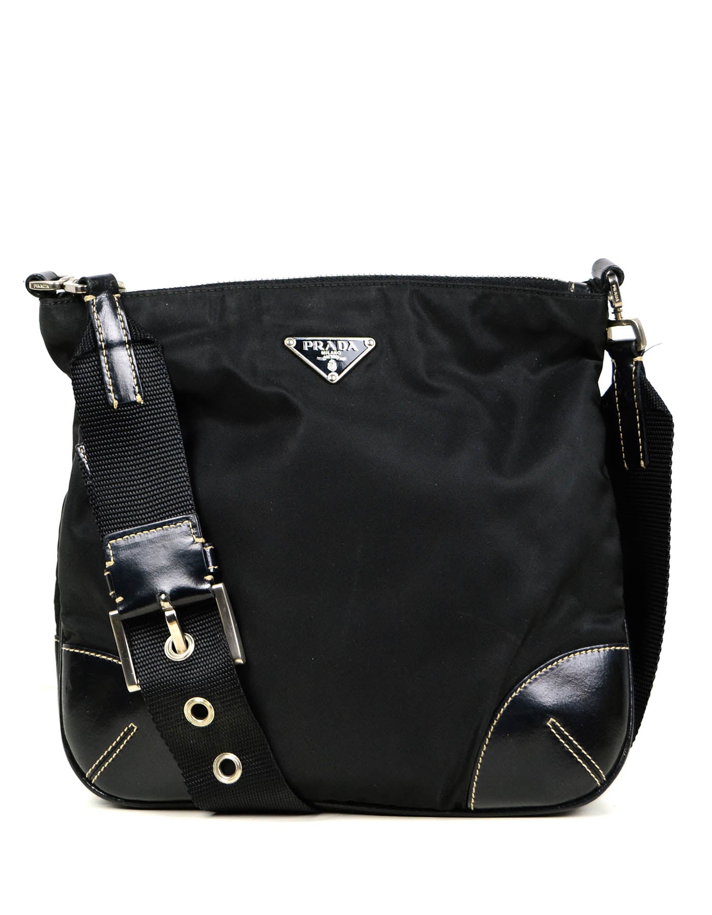 Prada Handbag Tessuto Crossbody Bag w Trim Leather Nylon Black