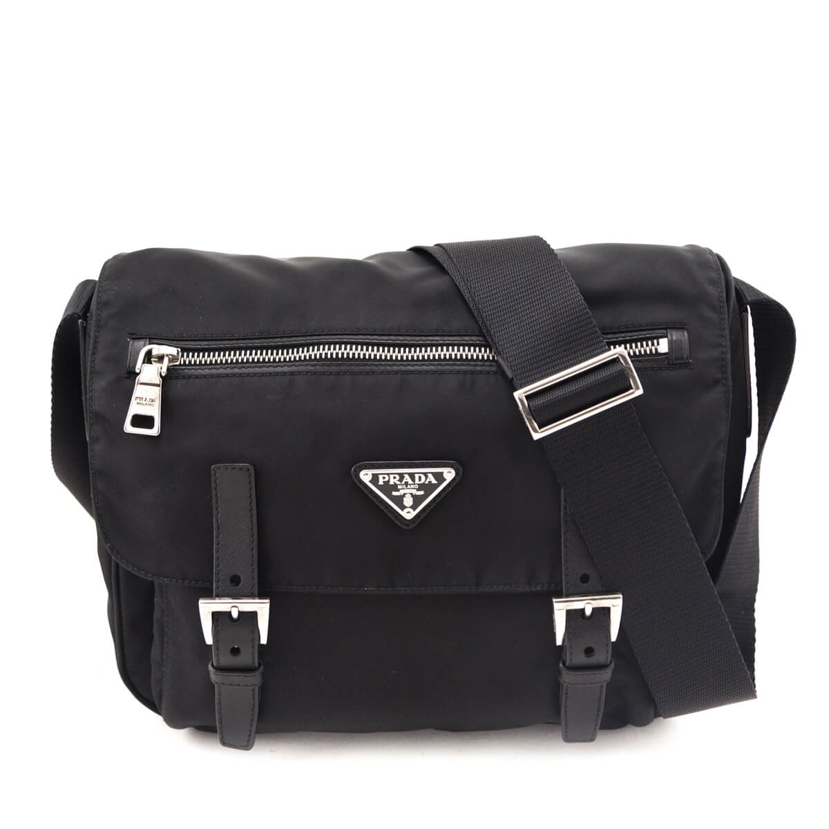 Prada Handbag Tessuto Double Buckle Messenger Bag Nylon Black Small