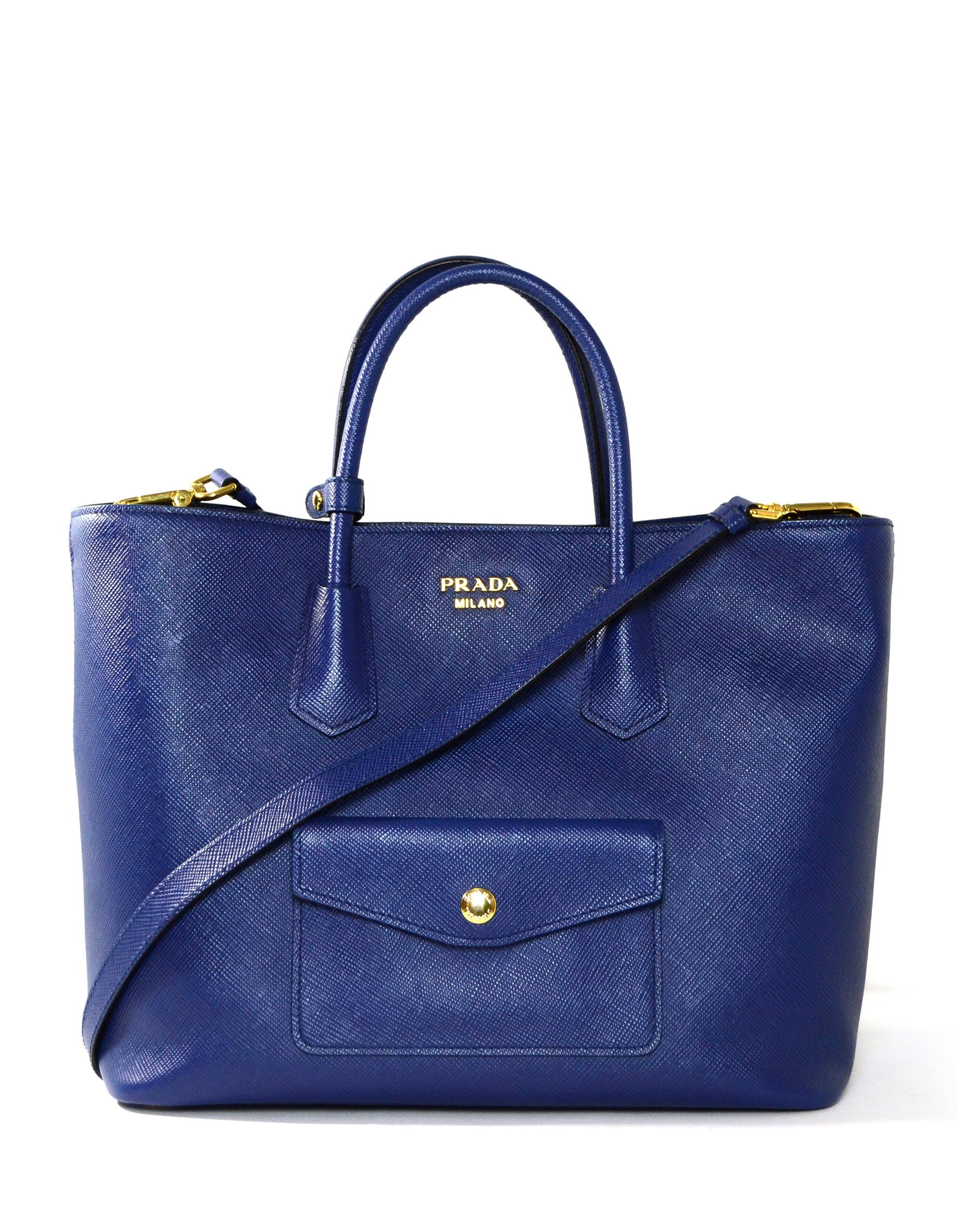 Prada Handbag Bluette Front Pocket Tote Bag Leather Saffiano Crossbody Bag