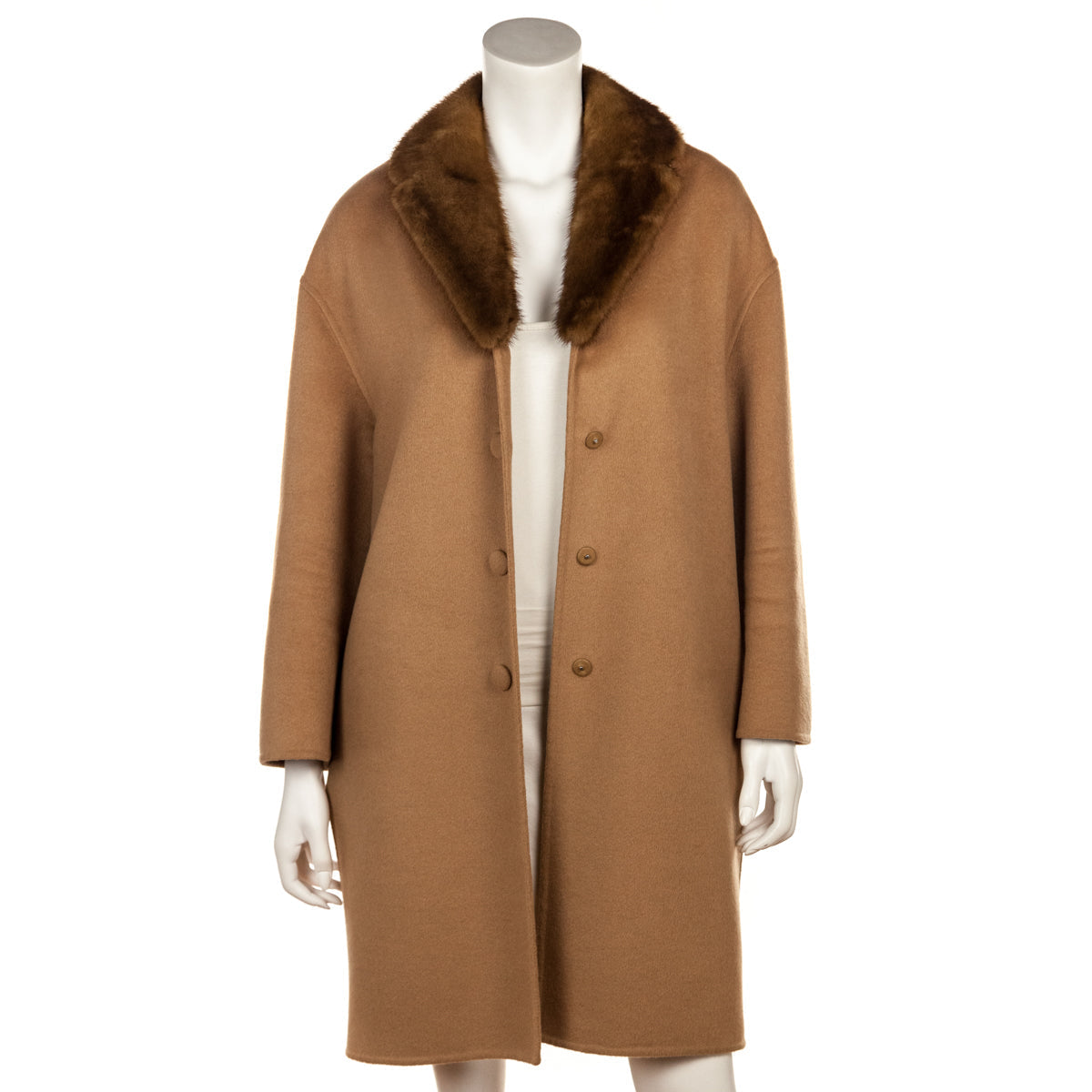 Prada Handbag Camel Wool Coat With Mink Collar