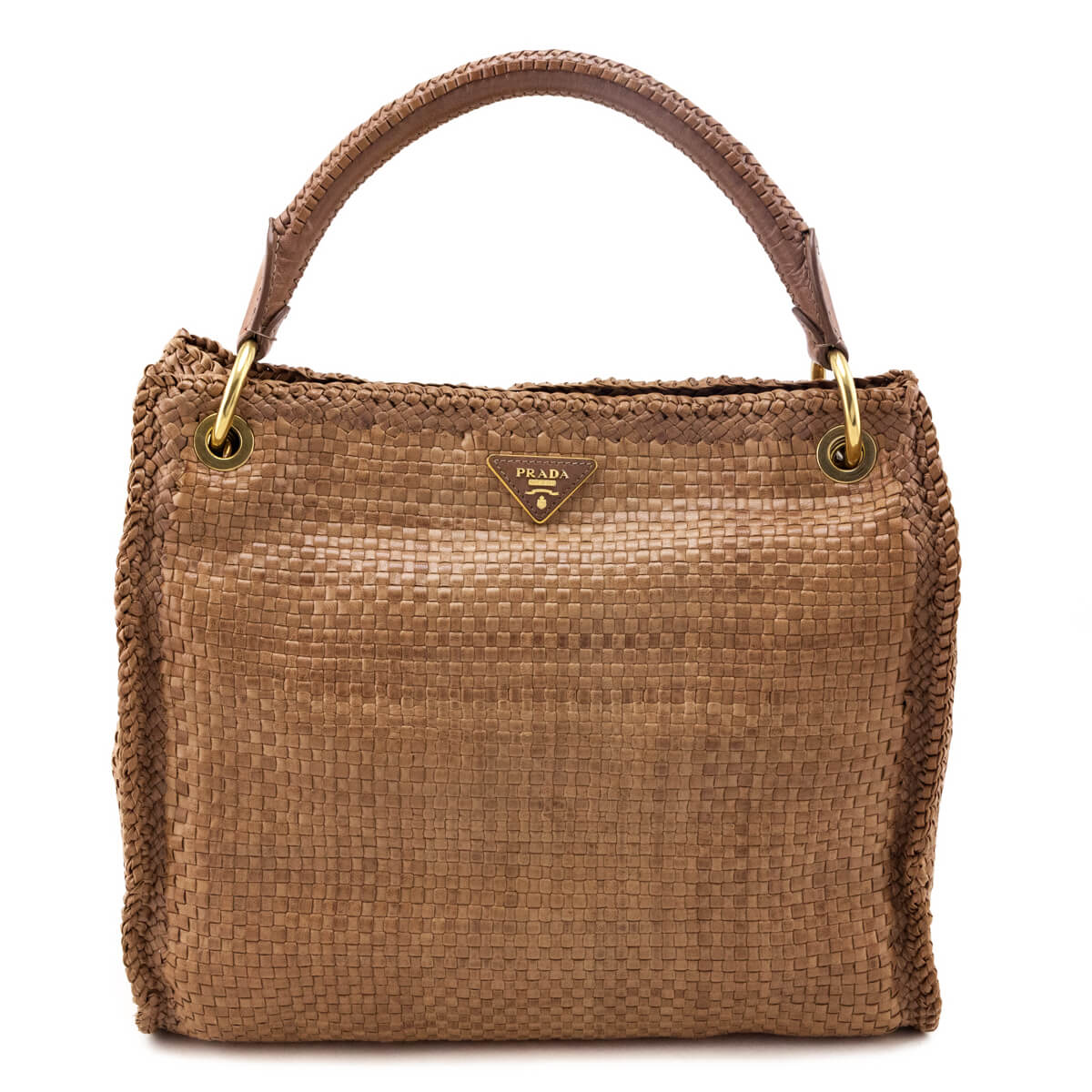 Prada Handbag Natural Madras Bag Leather Woven Top Handle