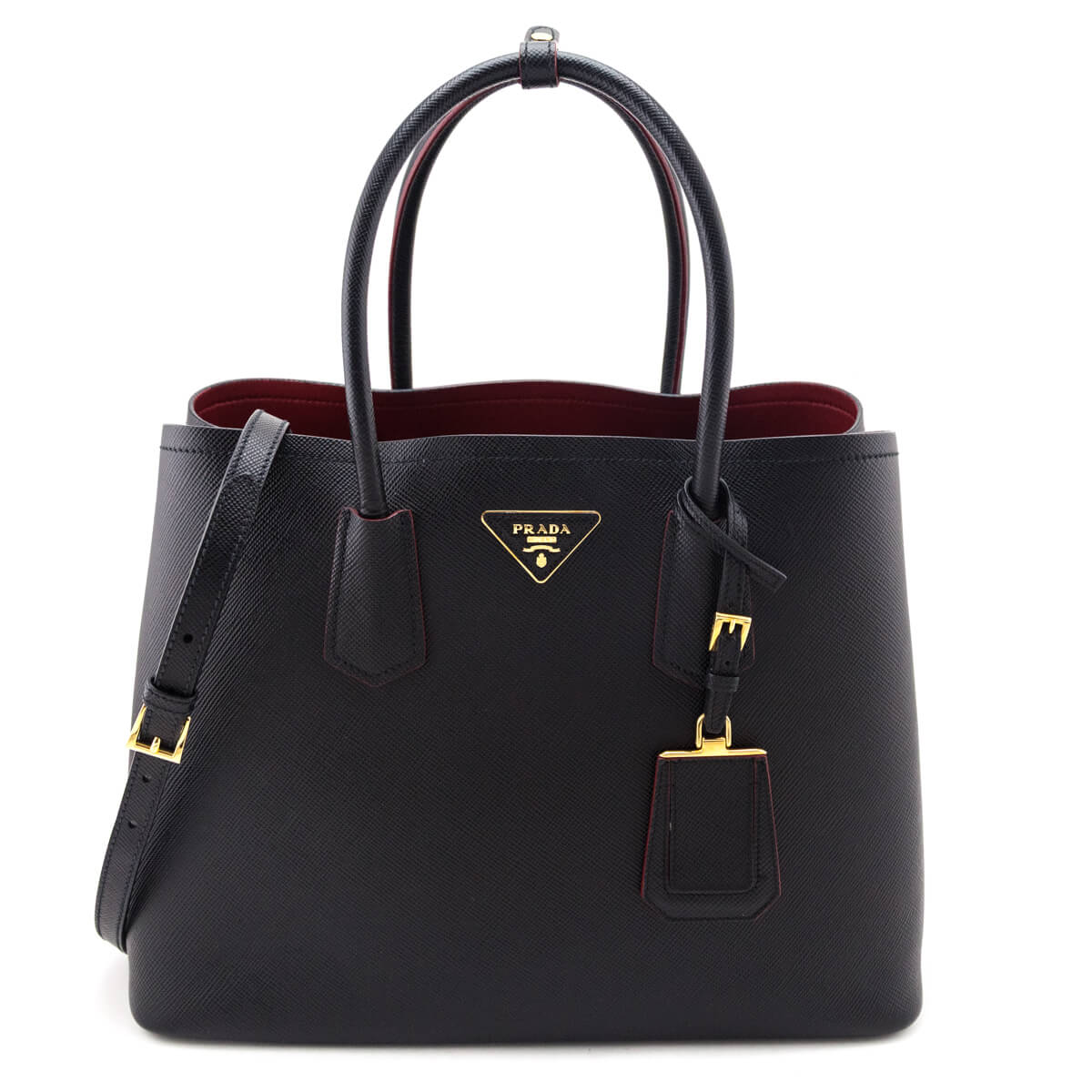 Prada Handbag Nero Fuoco Cuir Double Bag Saffiano Medium