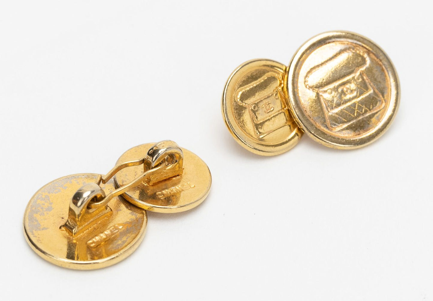 Chanel Bag Cufflinks 80s Gold Flap Handbag
