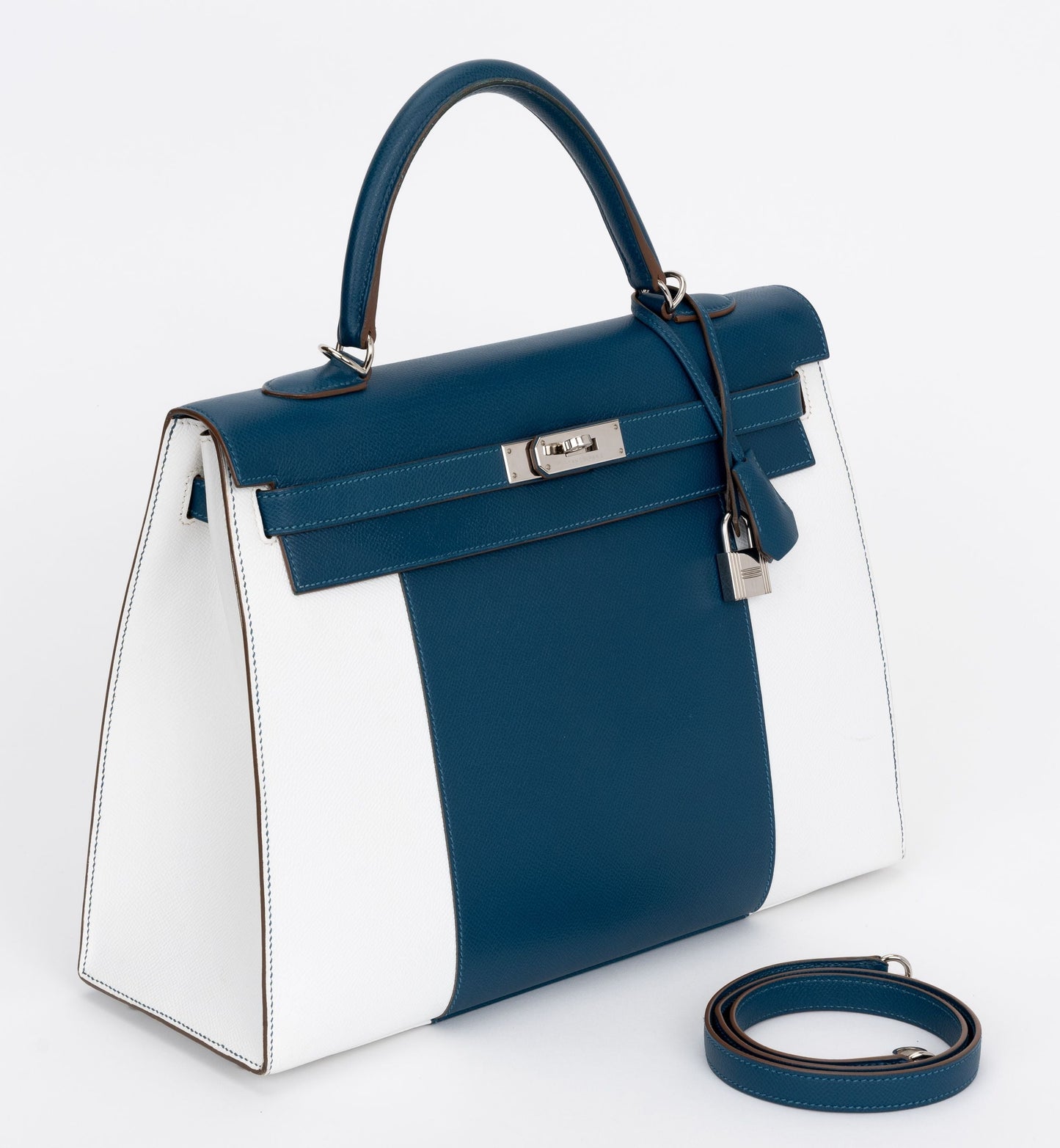 Hermes Kelly Sellier Flag Handbag White Blue Travel Bag