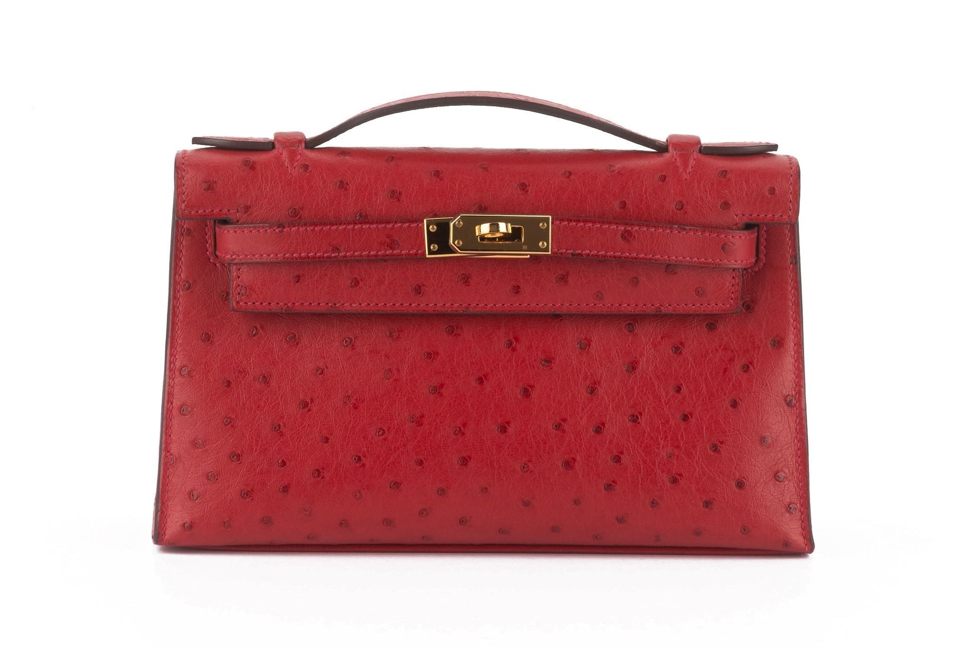 Hermes Ostrich Kelly Pochette Rouge Handbag Travel Bag