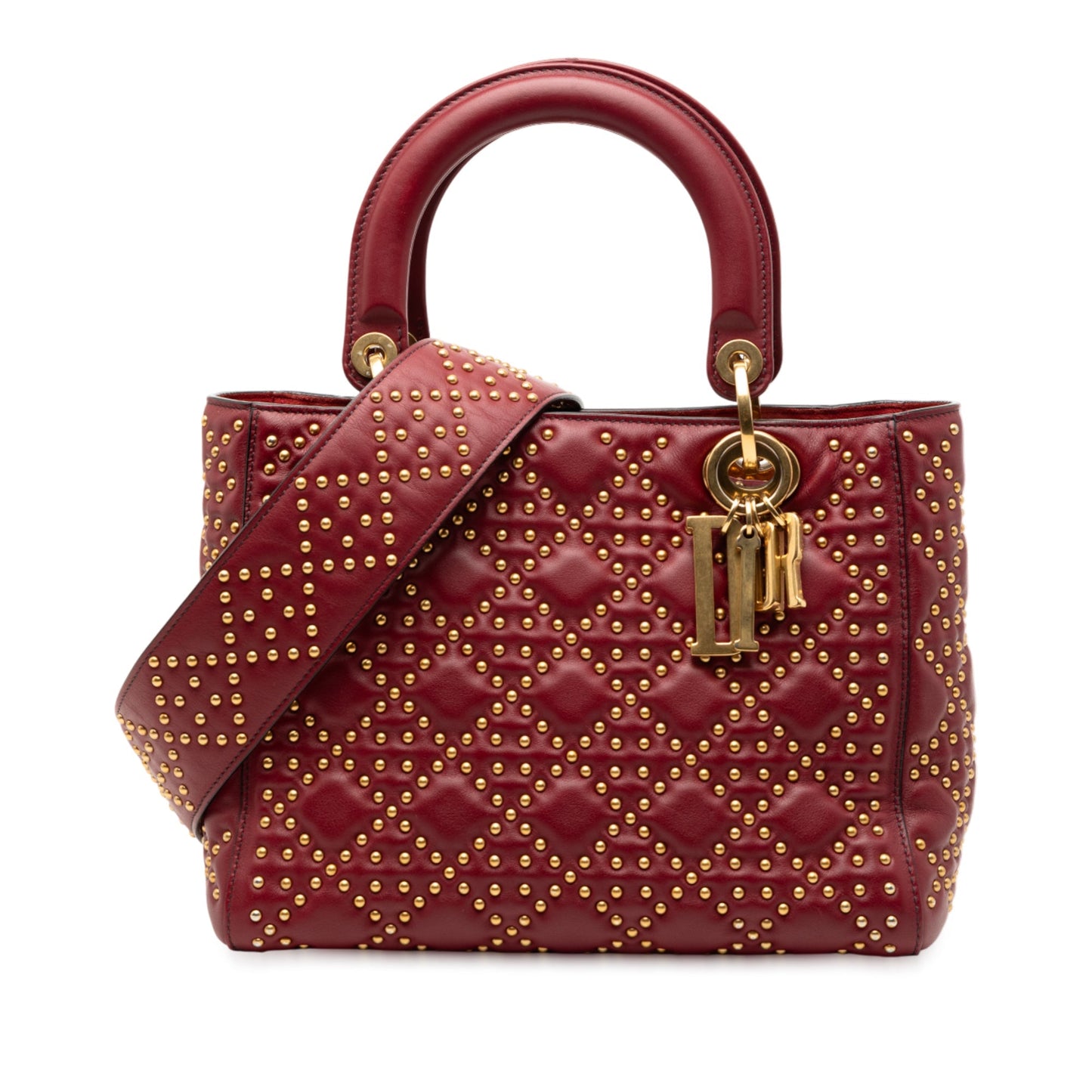 Dior Handbag Cannage Studded Supple Lady Satchel Lambskin Red Medium Satchel Bag