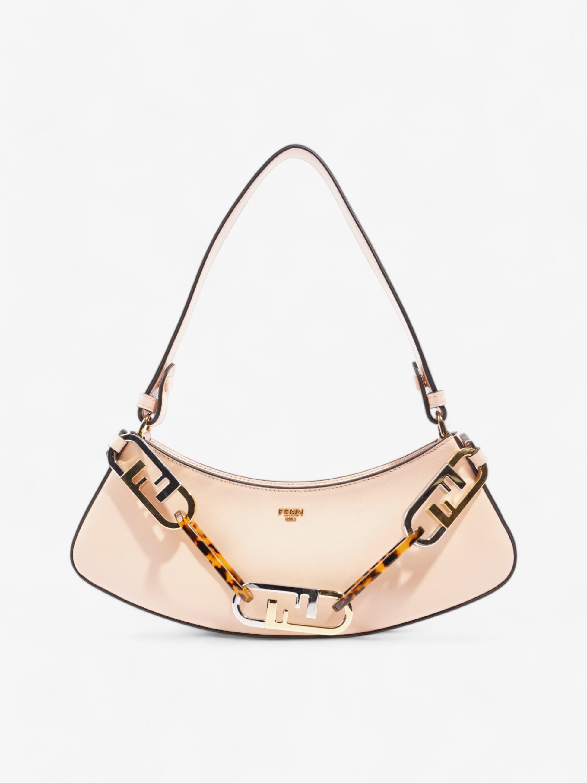 Fendi Lock Swing Light Rose Tortoise Calfskin Shoulder Bag Leather Silver