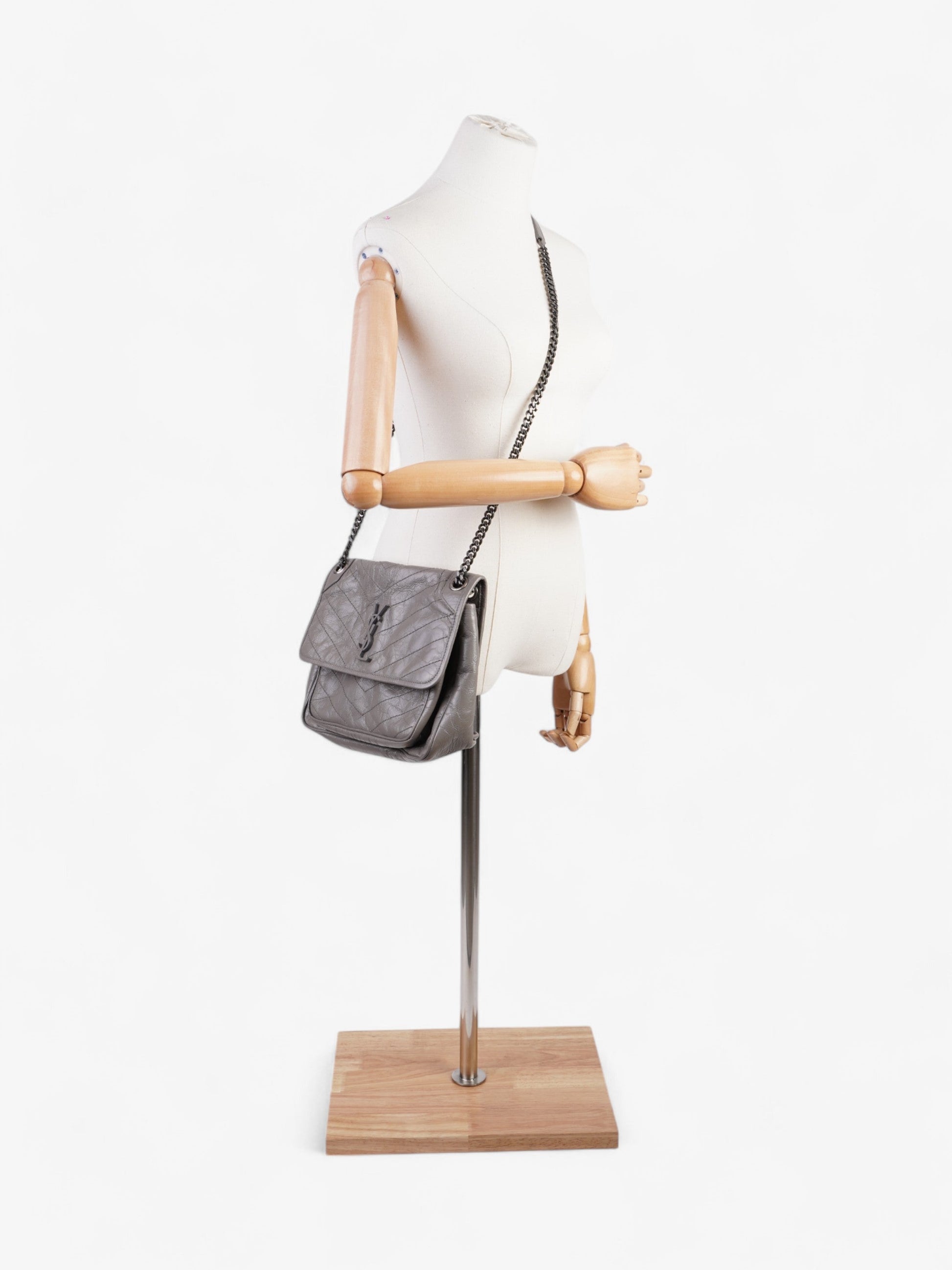 YSL Saint Laurent Niki Grey Calfskin Handbag Leather Gray Medium Travel Bag