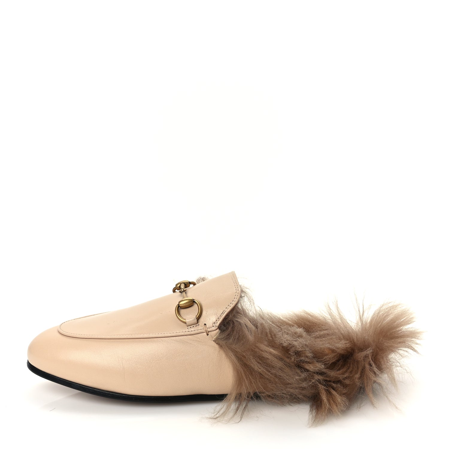 Gucci Calfskin Fur Womens Princetown Slippers 38 Beige