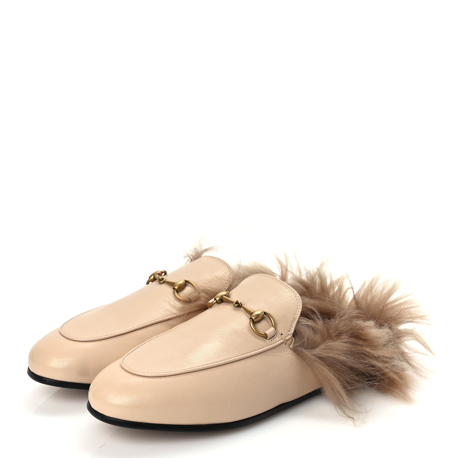 Gucci Calfskin Fur Womens Princetown Slippers 38 Beige
