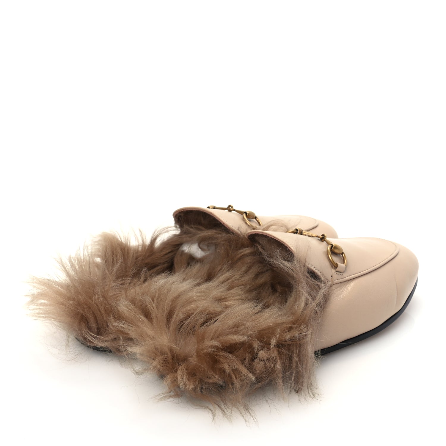 Gucci Calfskin Fur Womens Princetown Slippers 38 Beige