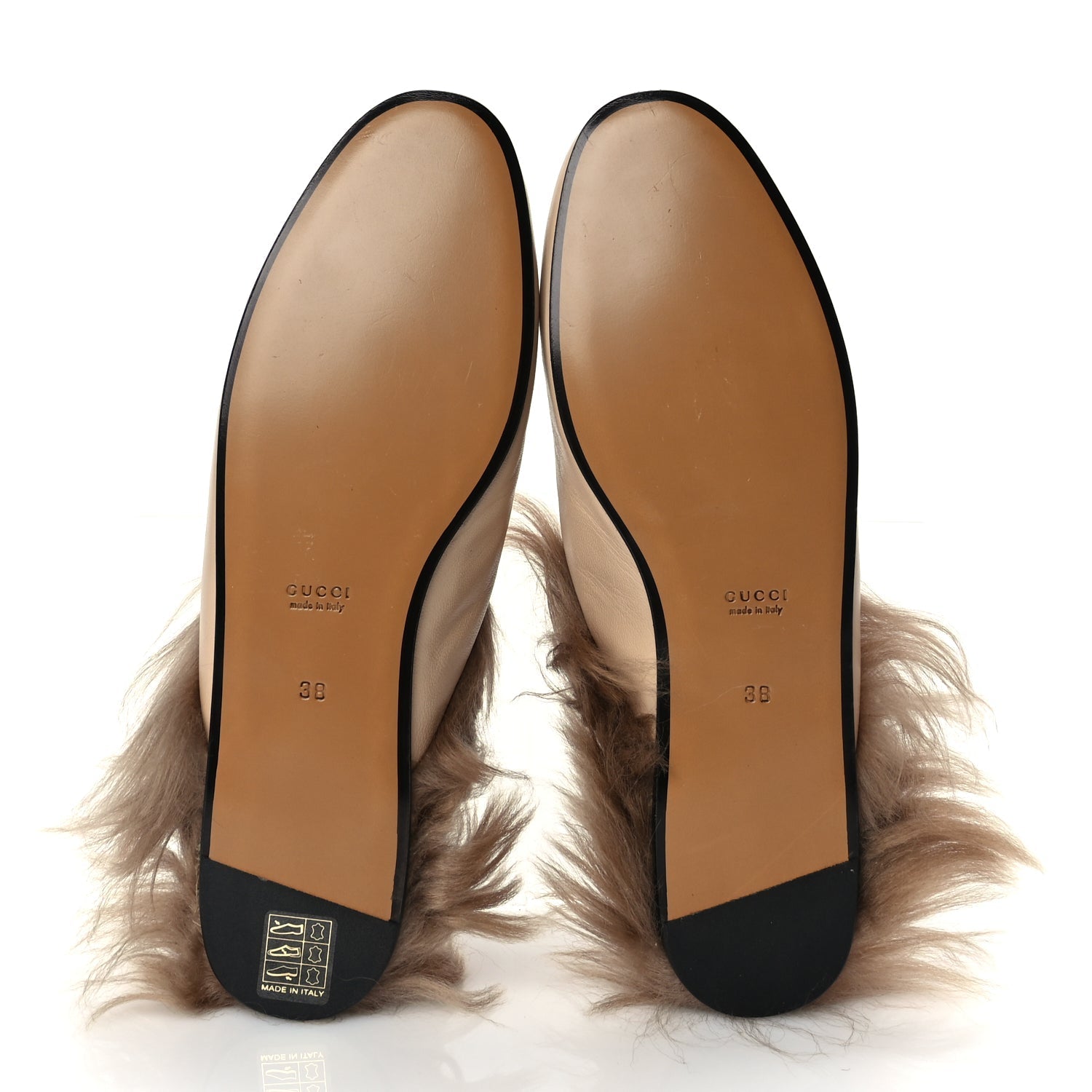 Gucci Calfskin Fur Womens Princetown Slippers 38 Beige