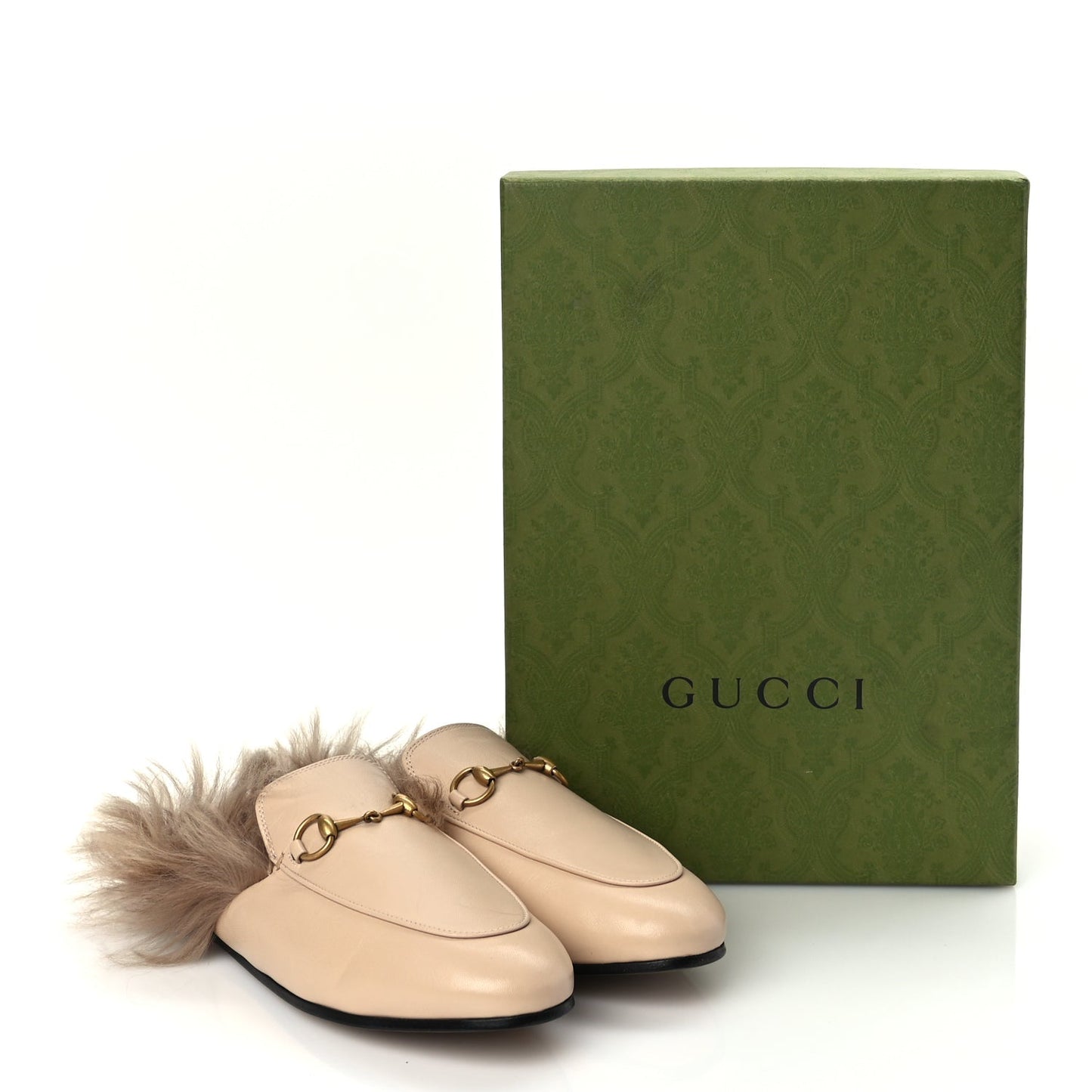 Gucci Calfskin Fur Womens Princetown Slippers 38 Beige
